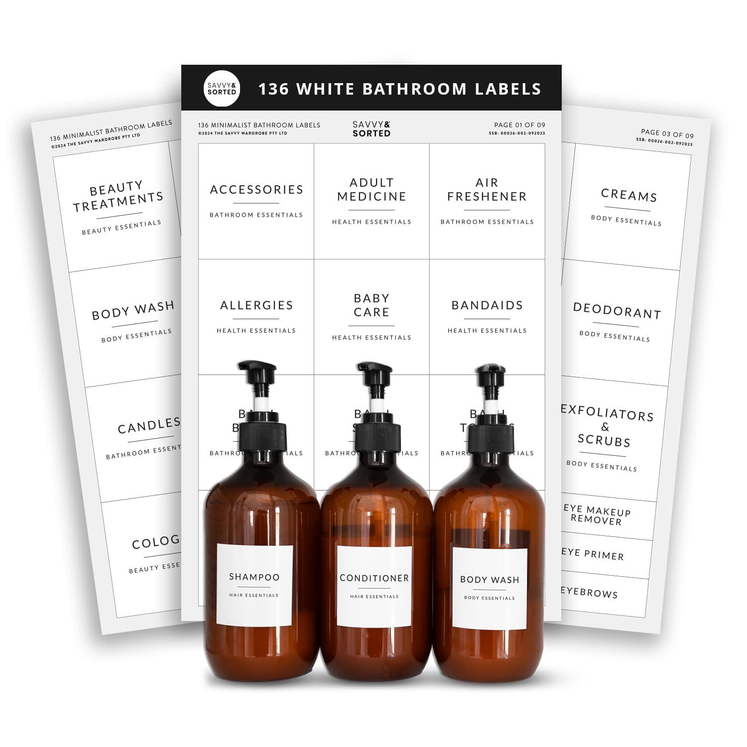 Minimalist Bathroom Labels for Organizing, 136 Preprinted Bath Room and Makeup Organizer Stickers, Waterproof Removable, Soap Shampoo Storage Supplies