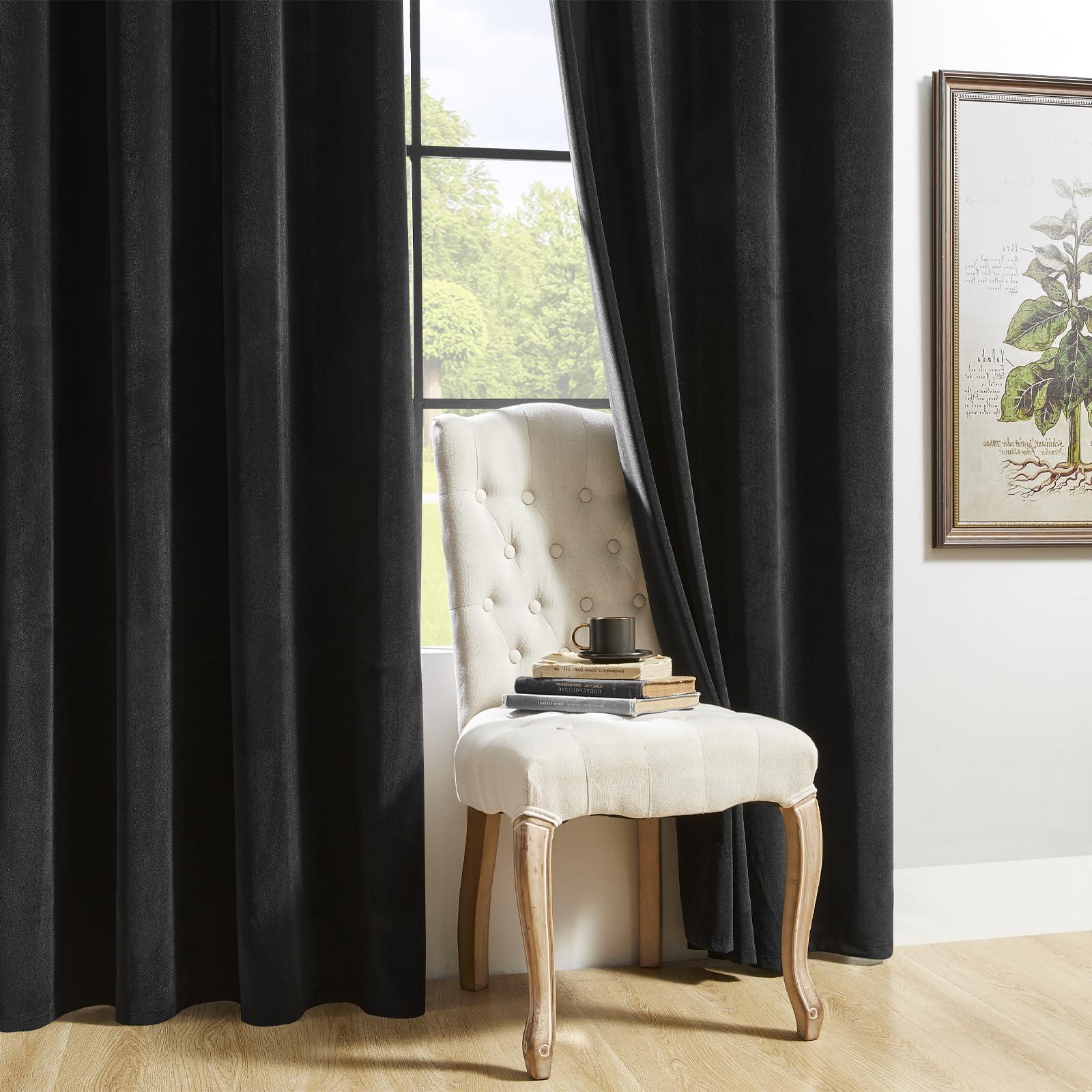 Joydeco Black Velvet Curtains 90 inch Length 2 Panels, Luxury Blackout Rod Pocket Thermal Insulated Window Curtains, Super Soft Room Darkening Drapes for Living Dining Room Bedroom,W52 x L90 inches - Image 8