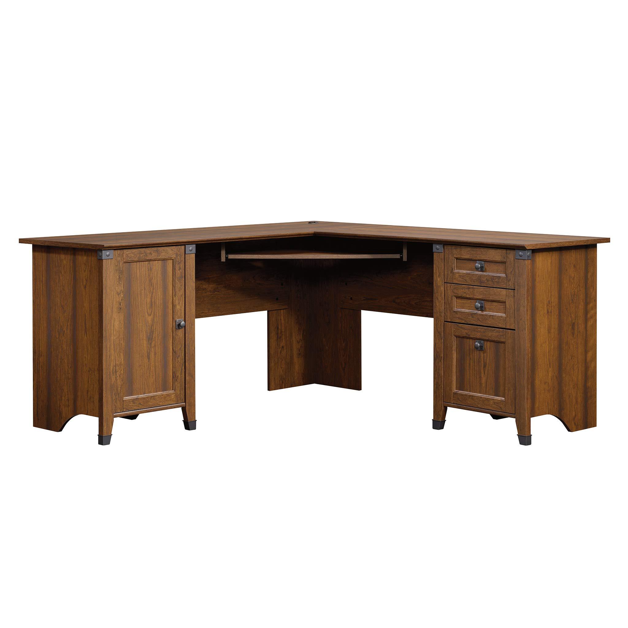 Sauder Carson Forge Corner Computer, Rustic Vintage L-Shaped Desk, L: 66.14" x W: 66.14" x H: 29.88", Washington Cherry