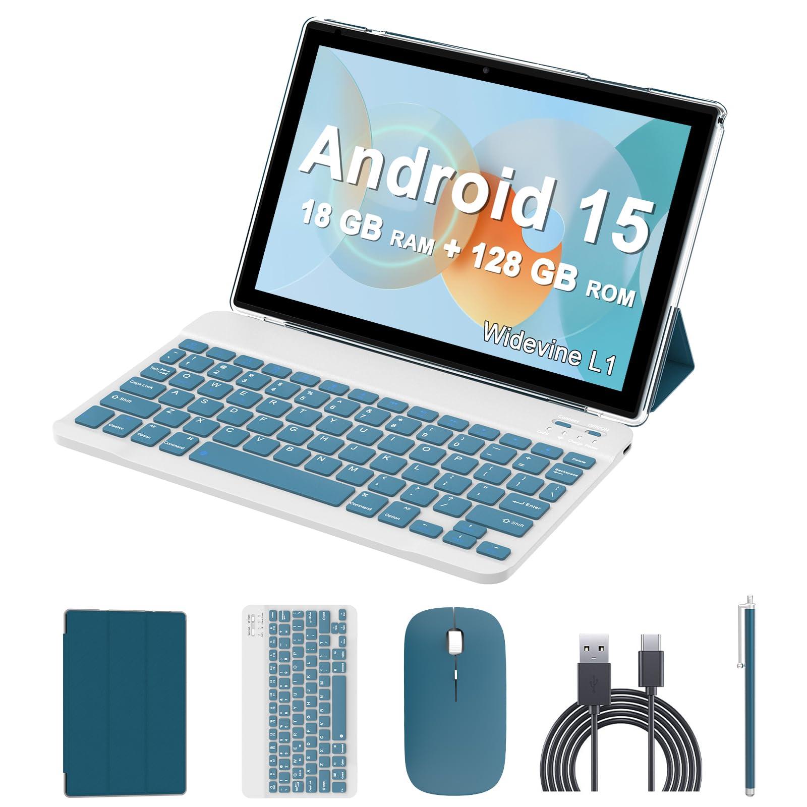Android 15 Tablet, 10 inch 2 in 1 Tablets with Keyboard, 18GB RAM 128GB ROM 2TB Expand, Quad-Core 2.0Ghz CPU, 5G WiFi 6, BT5.0, 1280x800 HD Touchscreen, 6000mAh, Widevine L1, GMS Tablet, Navy