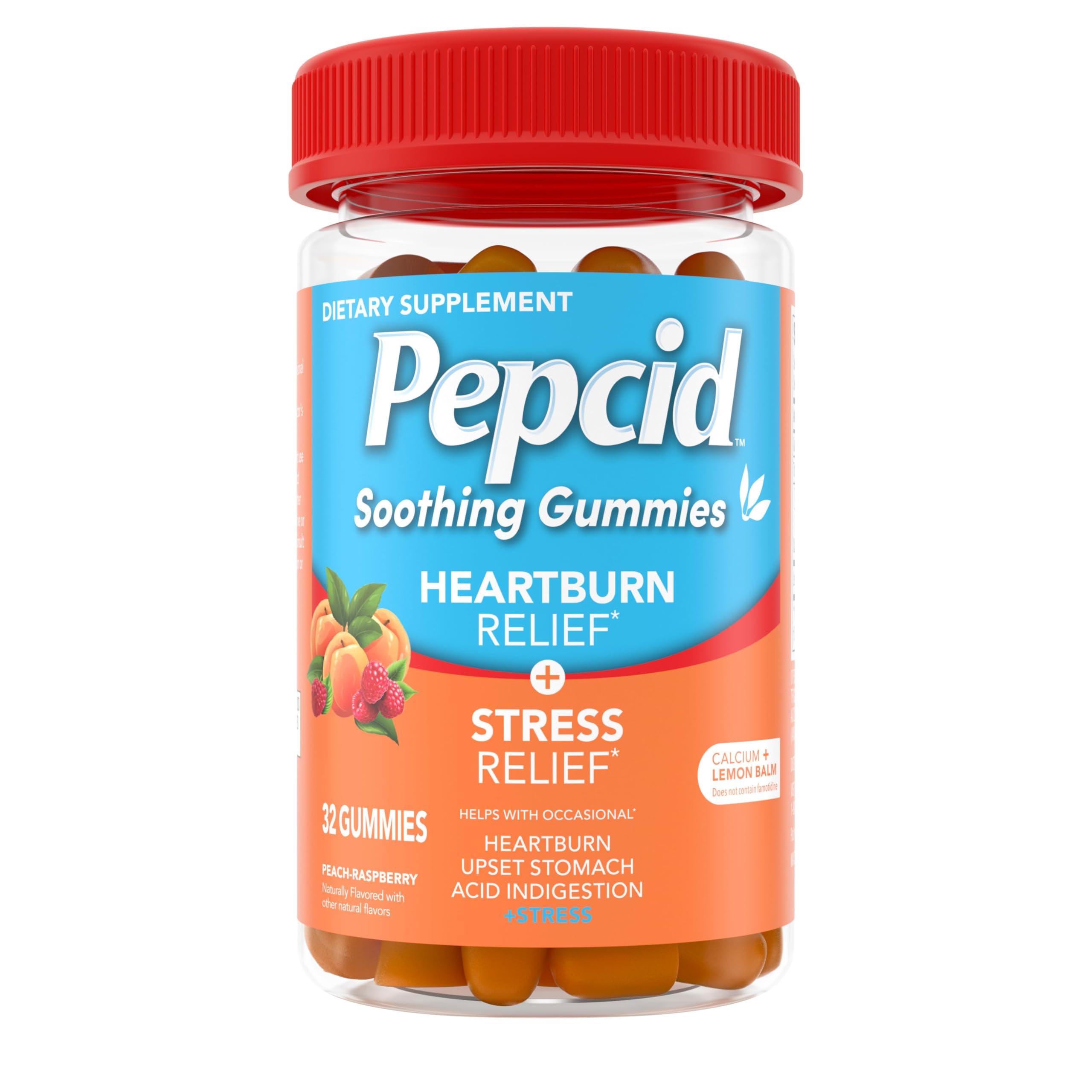Pepcid Soothing Gummies, Heartburn Relief + Stress Relief Gummies Help with Occasional Heartburn, Upset Stomach, Acid Indigestion, & Stress, Tricalcium Phosphate, Peach-Raspberry, 32 ct