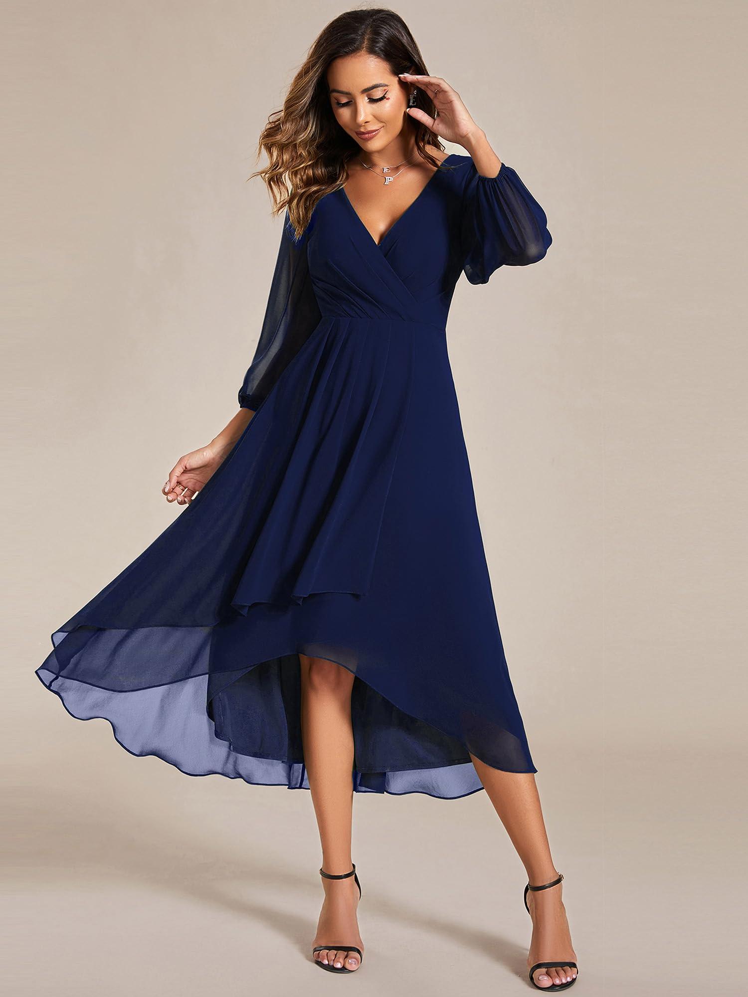 Ever-Pretty Women's Chiffon V Neck Long Sleeves Pleated A-Line Midi Length Wedding Guest Dress 01926 - Image 3