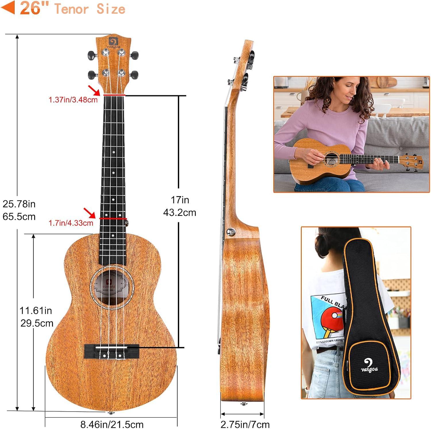Vangoa Tenor Ukulele Professional 26 Inch Ukelele Mahogany Starter Bundle for Beginners Adults Students with Gig Bag, Strap and Fast Learn Book - Image 7