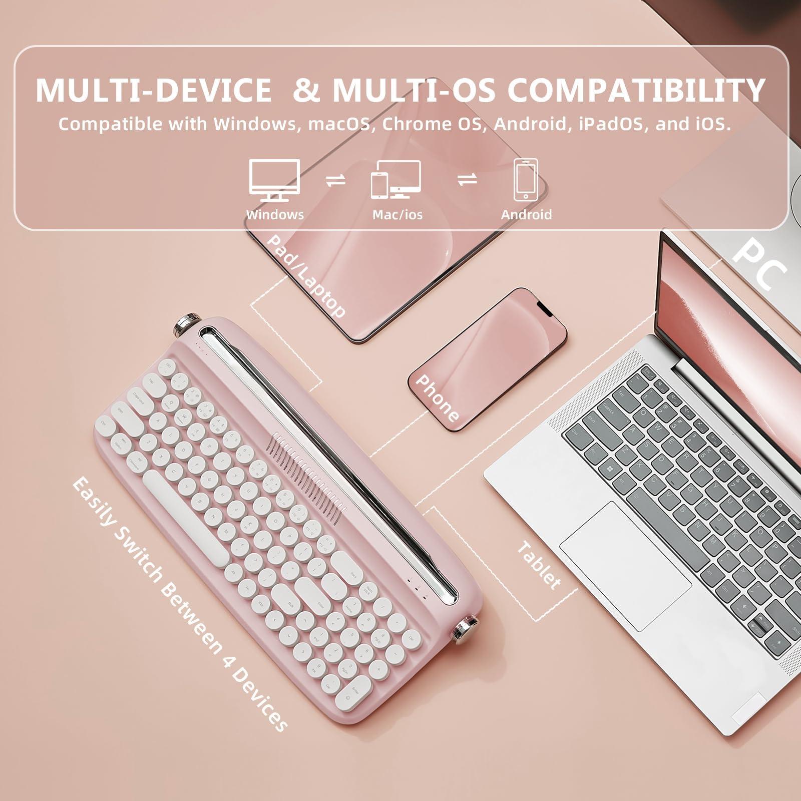 YUNZII Upgraded Wireless Typewriter Keyboard,with Retro Integrated Stand,USB-C/Bluetooth,Cute Round Keycaps, USB-C/Bluetooth Connection for Table, Phone, PC and Win/Mac/Android (B309, Baby Pink) - Image 3