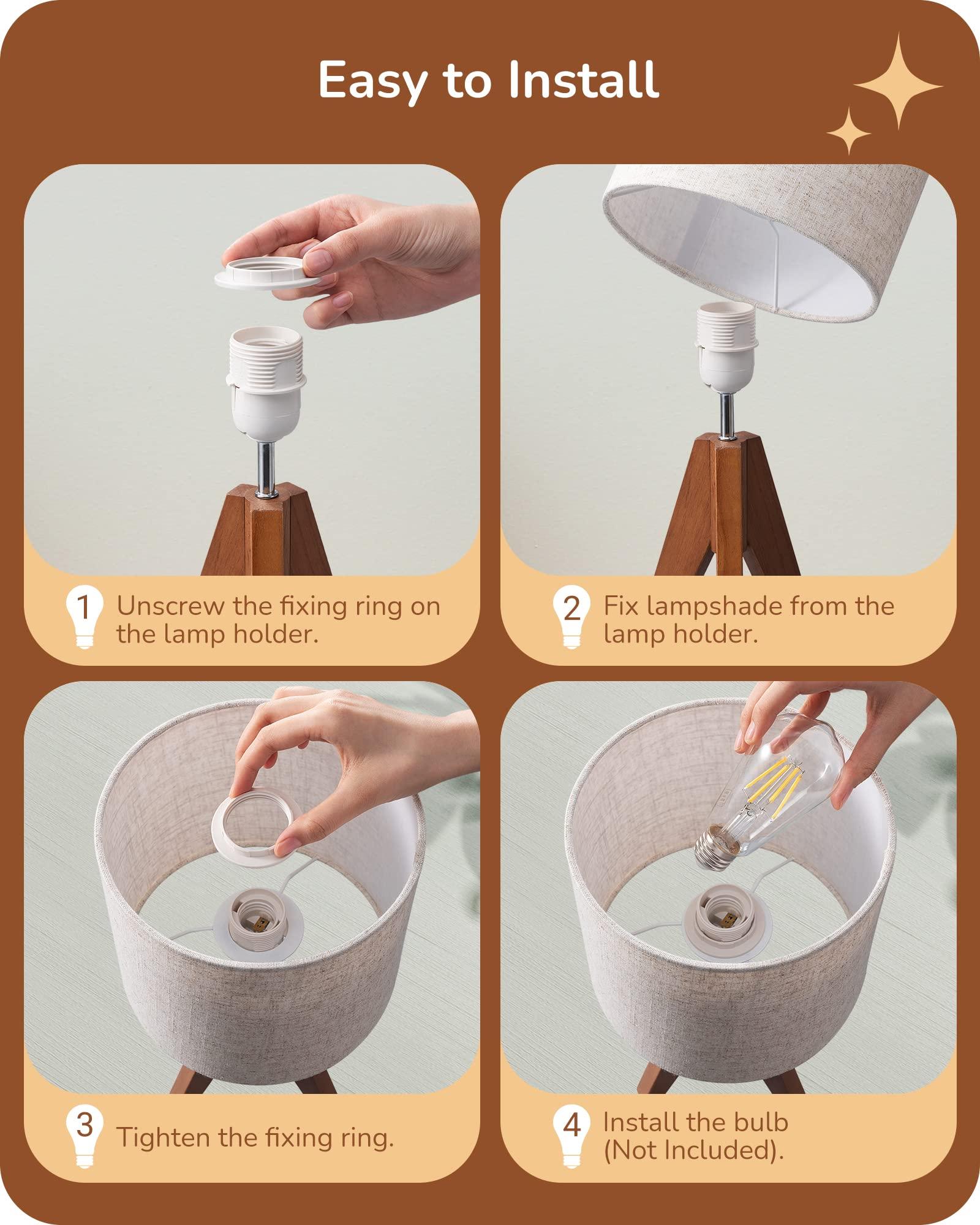 EDISHINE Tripod Table Lamp, Small Cute Bedside Lamp with Linen Beige Lampshade, Nightstand Lamp for Nursery, Bedroom, Kid Room, Living Room, Light Brown Wooden Base, E26 Socket, 14.2 Inch - Image 4