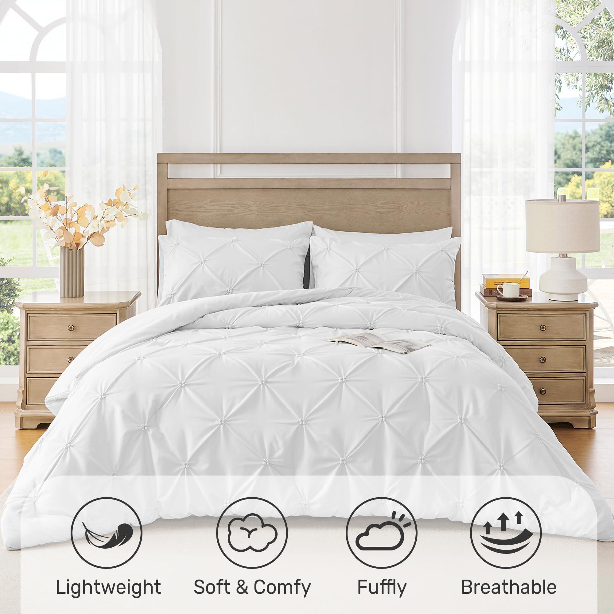 UNIKOME Queen Comforter Set White - Lightweight Soft Pintuck Down Alternative Bedding Set for Summer, All Seasons, 3 Pieces Pinch Pleat Solid Bed Set with Comforter, 2 Pillowcases - Image 2