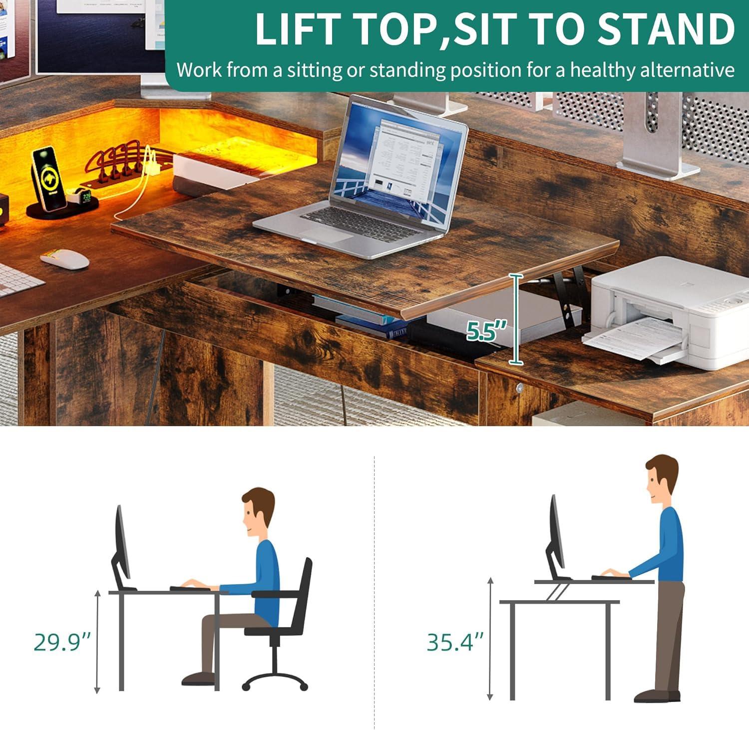 YITAHOME L Shaped Desk with Power Outlets & LED Lights, 60” Corner Computer Desk with Drawers & Lift Top, Home Office Desk with Monitor Stand & File Cabinet, Wood Height Adjustable Desk, Rustic Brown - Image 2