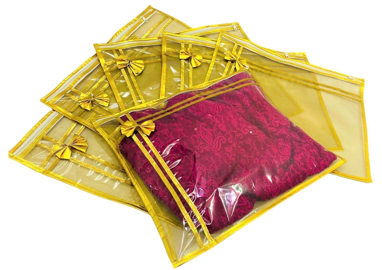 10 piece transparent single Saree/Suit Packing Sari Cover/Bag Organizer with zip for Wardrobe Storage and wedding gifting,dress covers (Golden, Pack of 10)