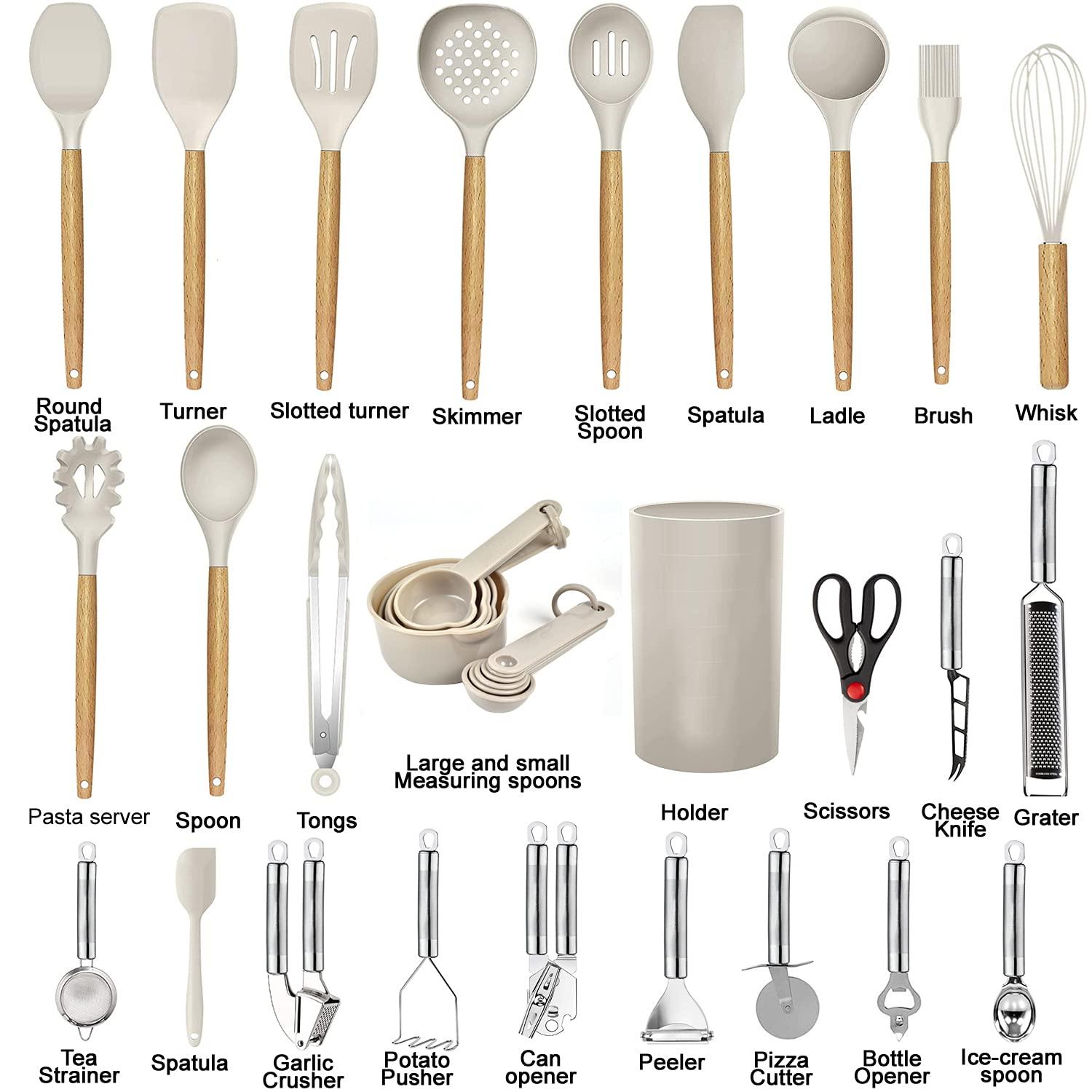 Kitchen Utensils Set- 35 PCs Cooking Utensils with Grater,Tongs, Spoon Spatula &Turner Made of Heat Resistant Food Grade Silicone and Wooden Handles Kitchen Gadgets Tools Set for Nonstick Cookware - Image 2