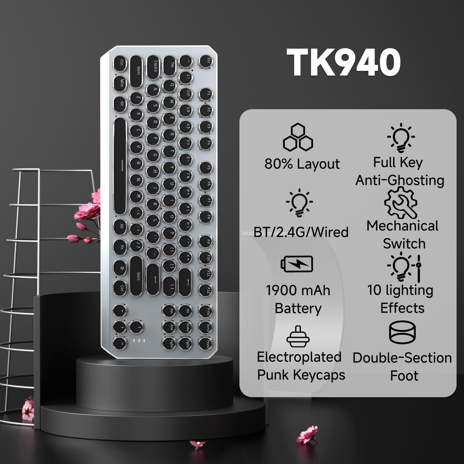 SEUNKWANG EWEADN TK940 Wireless Mechanical Typewriter Keyboard,80% Layout with White Backlit, Anti-Ghosting, Blue Switch Bluetooth/2.4GHz/USB-C Aesthetic Keyboard-Black - Image 2