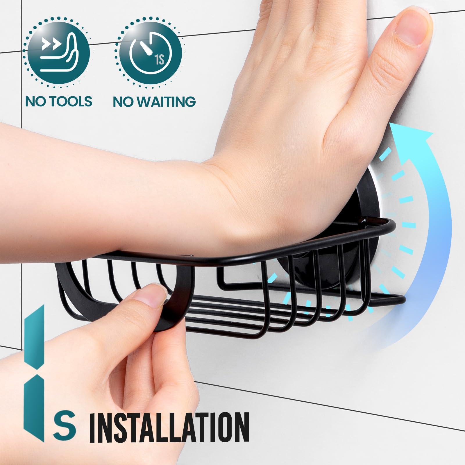 TAILI Soap Holder Dish Suction Cup with Hooks, Soap Saver Tray for Shower Wall, Bathroom, Tub, Rustproof Stainless Steel Sponge Holder for Kitchen, Drill-Free, Bathroom Shower Accessories(Black) - Image 3