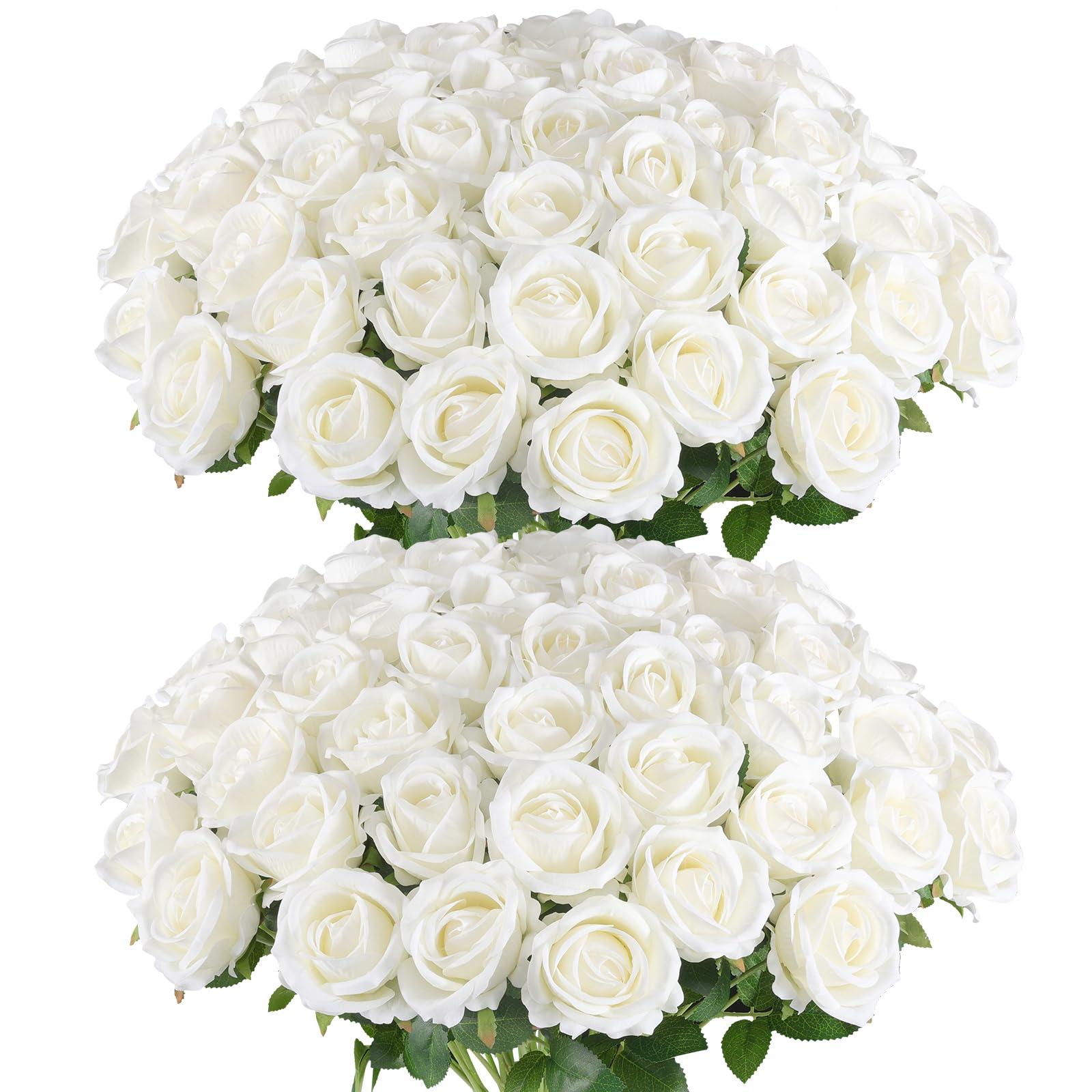 Hananona 50 Pcs Artificial Roses in Bulk, Fake Velvet Silk White Roses Realistic White Roses for Wedding Centerpieces Flower Arrangement Home Decor (50, White)