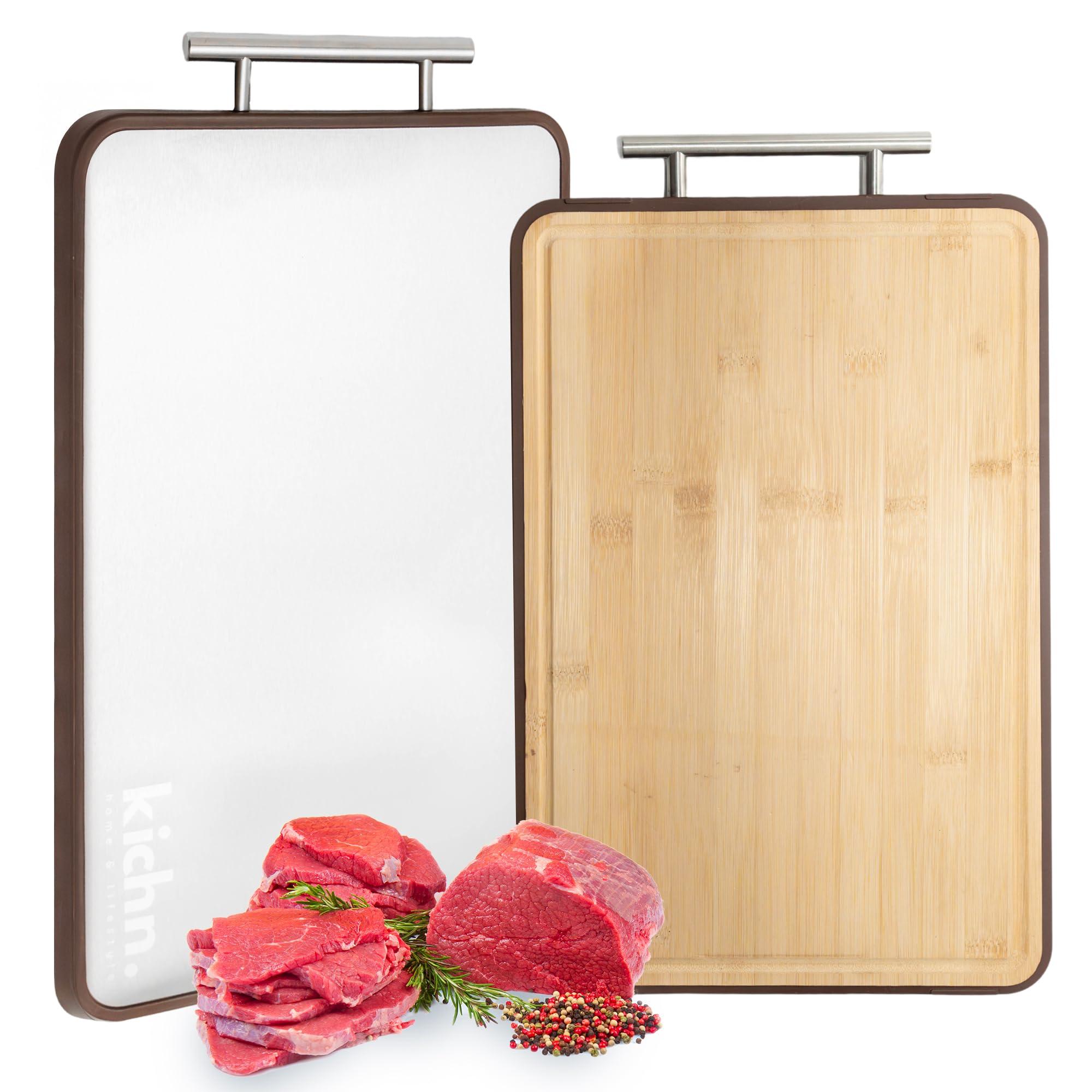 KICHN. Double-Sided Cutting Board – 304 Stainless Steel & Bamboo, Reversible Chopping Board for Meat & Vegetables, Non-Slip, Easy to Clean, Kitchen Essential
