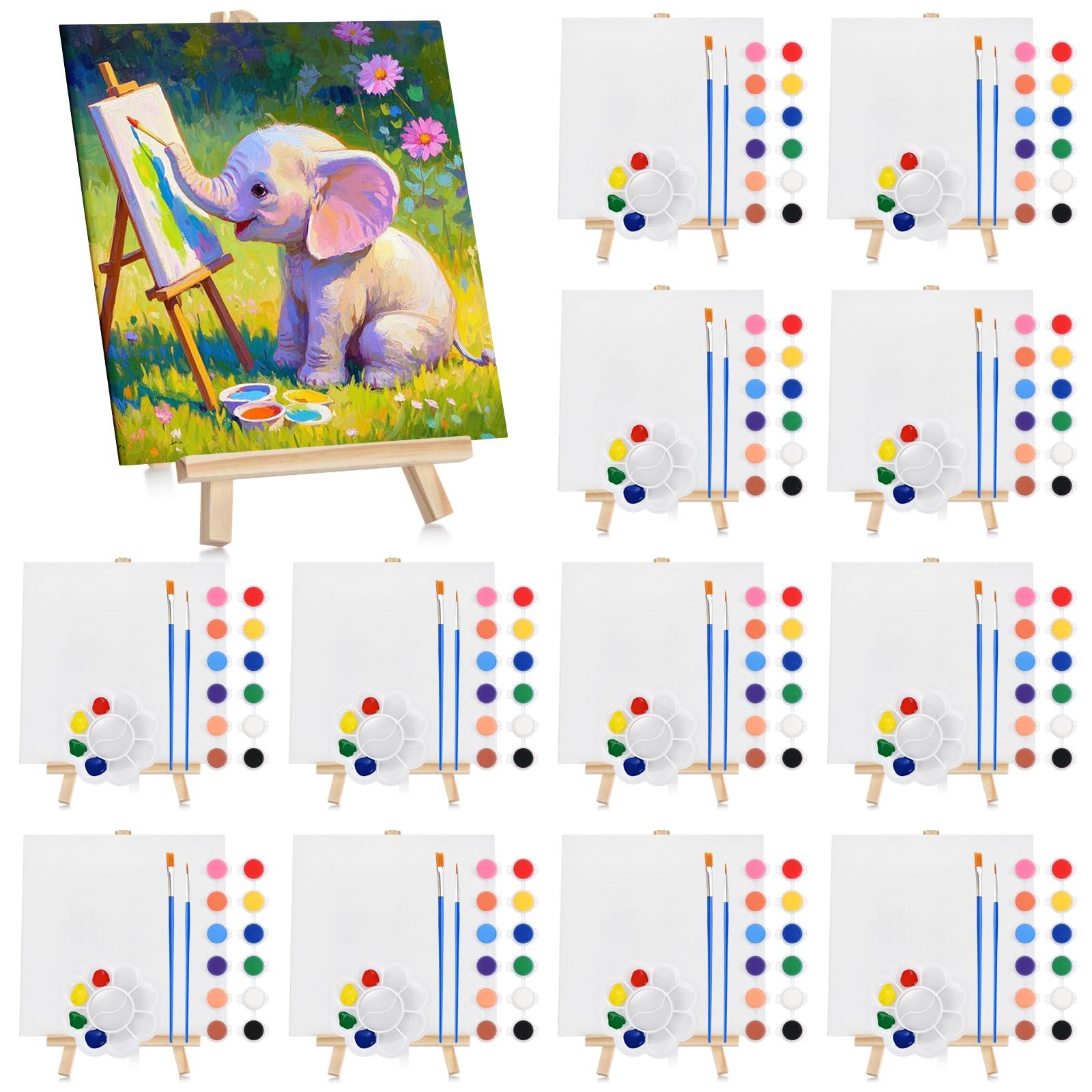 12 Set Acrylic Paint Canvas Set – 6x6 Inch Mini Canvas Painting Kit with 12 Wood Easels, 24 Brushes, 12 Paint Sticks, 12 Palettes – Art Supplies for Kids & Beginners, Ideal for Parties & DIY Painting