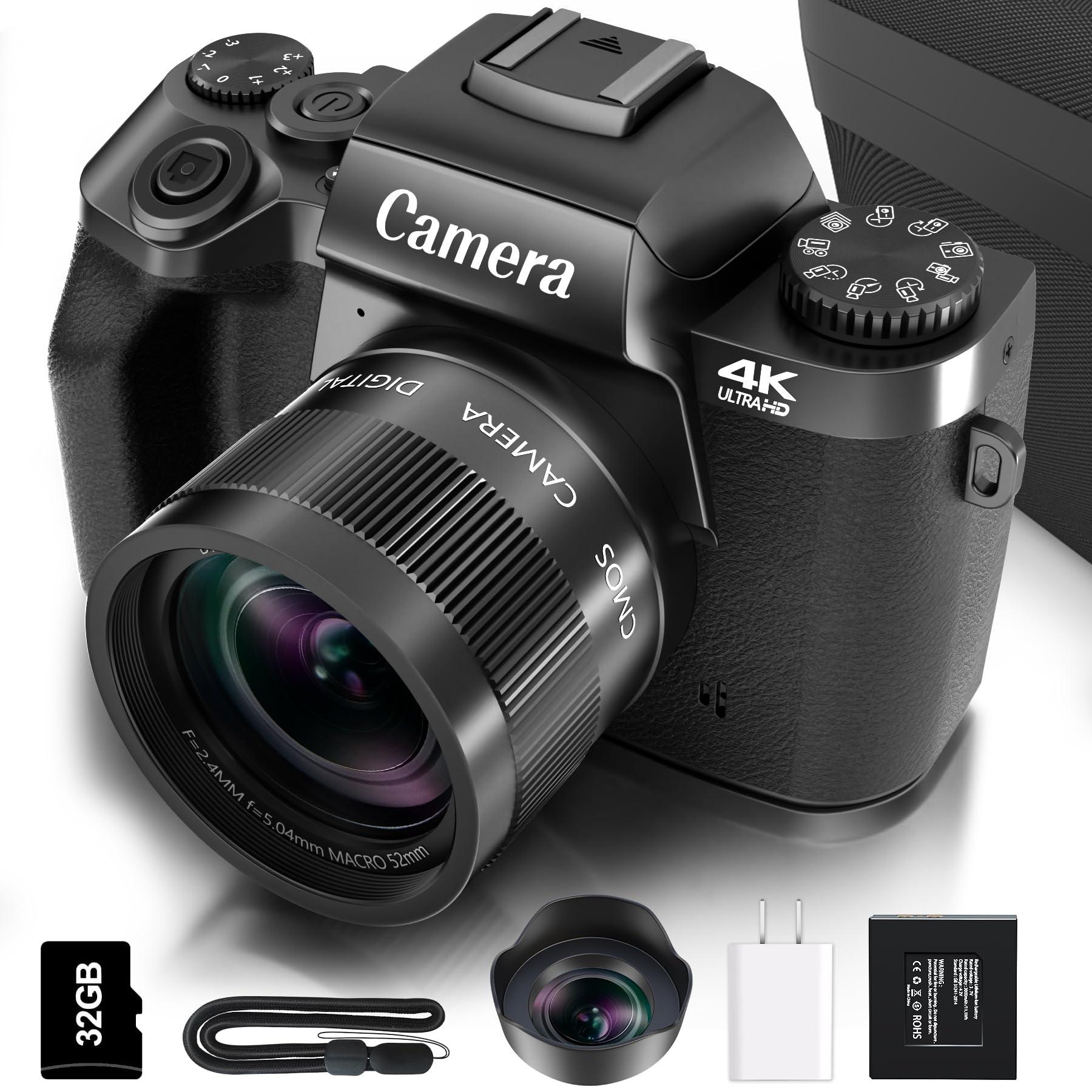 Saneen Digital Camera for Photography, 4K 64MP WiFi Touch Screen Vlogging Camera with Flash, 32GB Micro Card, Lens Hood, 3000mAH Battery, Front and Rear Cameras, 4″Big Screen, Hot Shoe Interface-Black