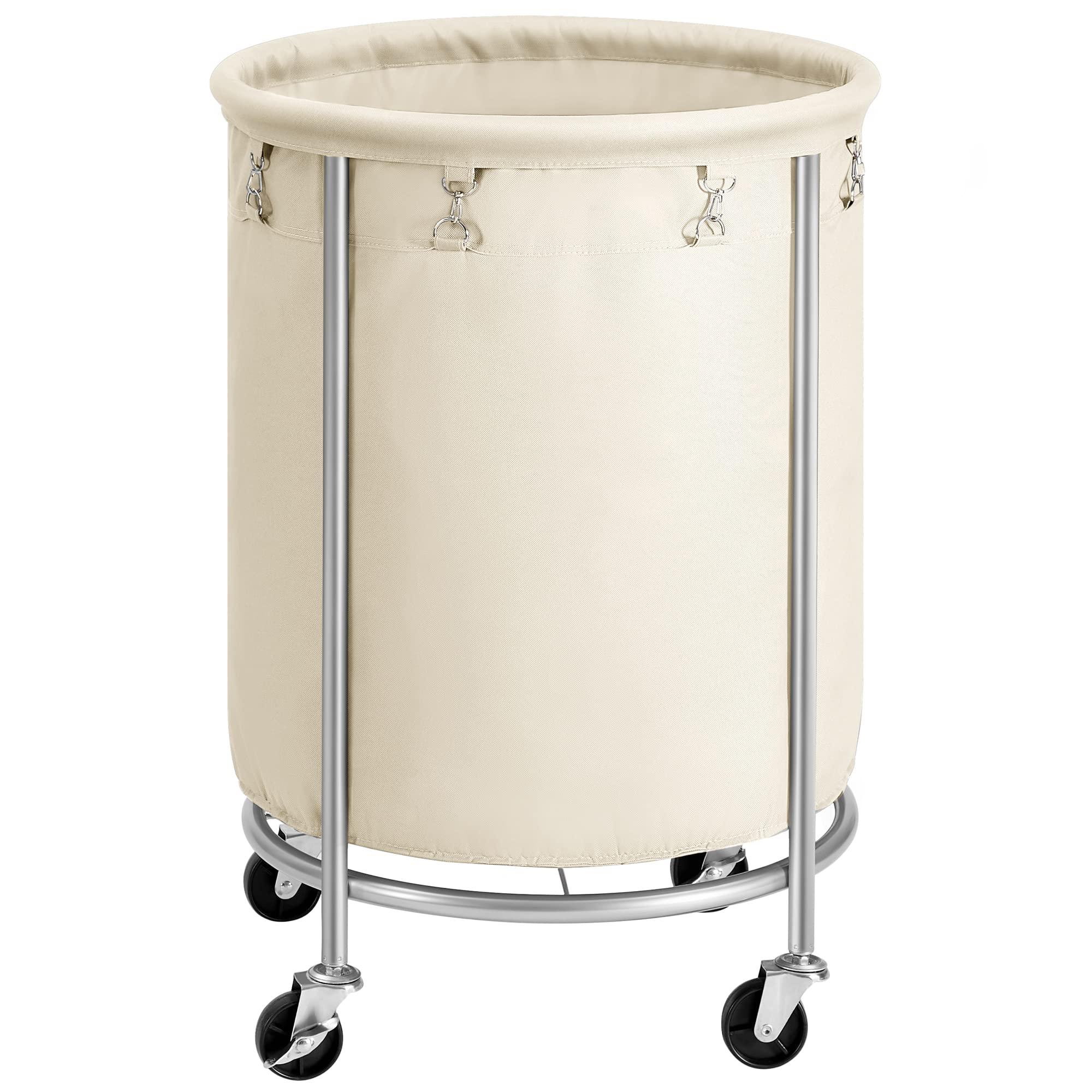SONGMICS Laundry Basket with Wheels, Rolling Laundry Hamper, 45 Gal., Round Laundry Cart with Steel Frame and Removable Bag, 4 Casters and 2 Brakes, Cream and Silver URLS01MZ