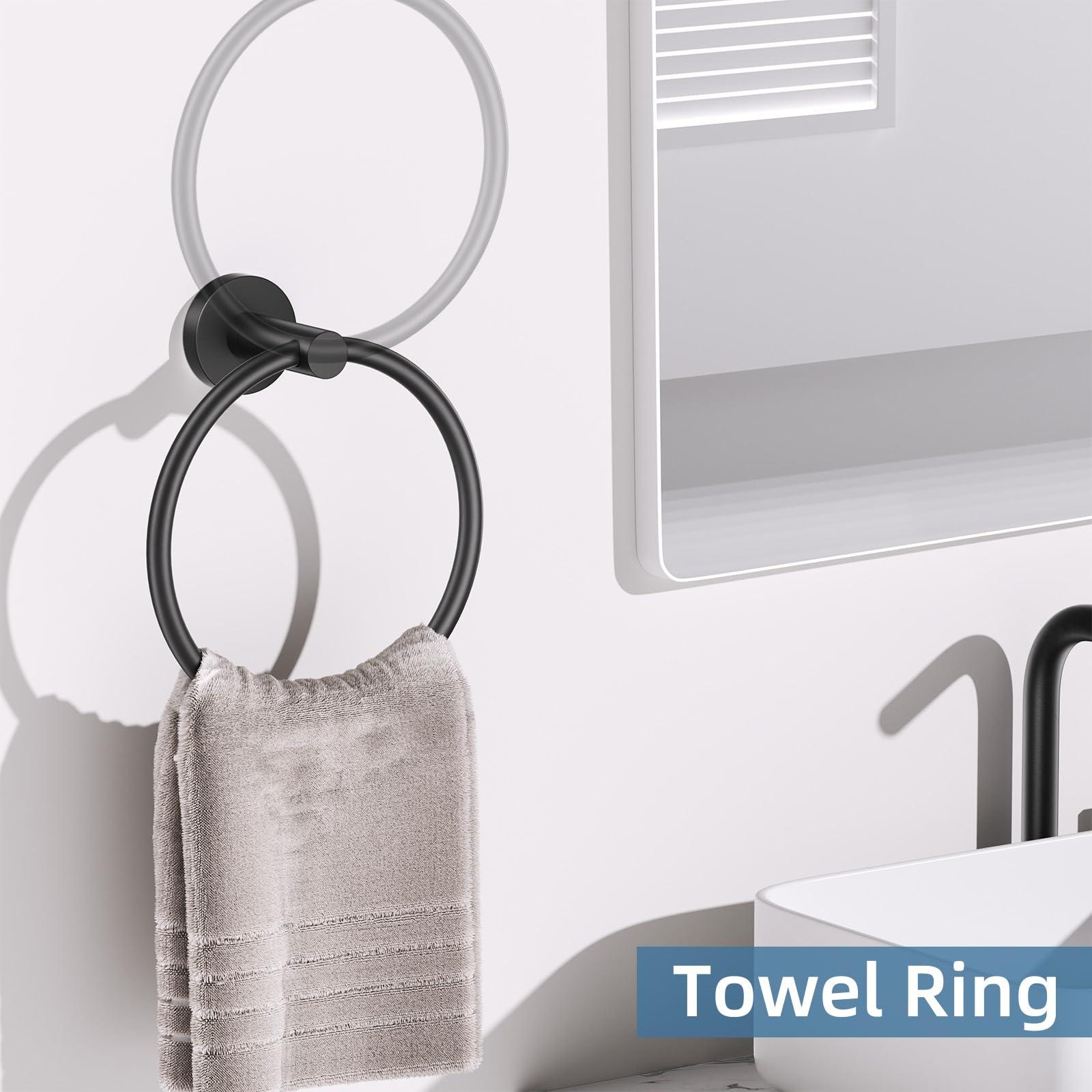 5 Pieces Matte Black Round Towel Bar Set Bathroom Hardware Accessories Set Upgraded Toilet Paper Holder Towel Racks Set for Bathroom Stainless Steel Wall Mounted 23.6 in - Image 2