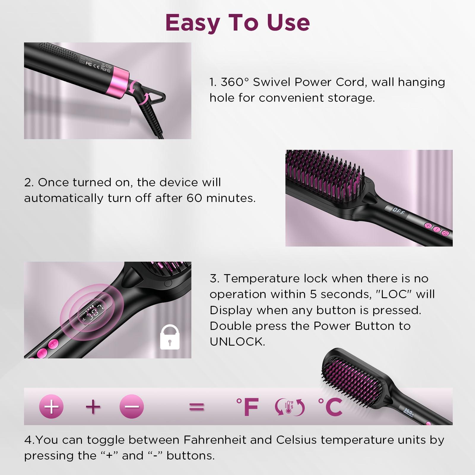 Reviio 30s Fast Heating Hair Straightener Brush - Ionic Anti-Frizz, Anti-Scald, Auto Temp Lock & Auto-Off, Worldwide Voltage, Black - Image 6
