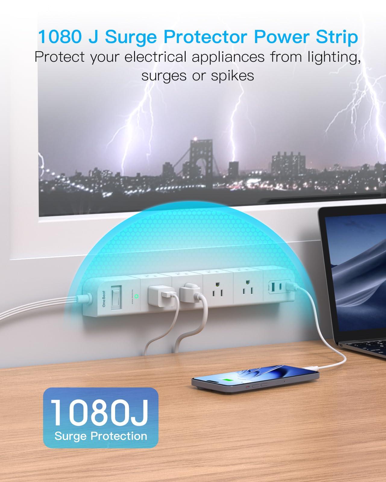 One Beat Extension Cord 15 ft,Surge Protector Power Strip with 8 Widely AC Outlets 3 USB(2 USBC),Flat Plug Power Strip,Desktop Charging Station with Overload Protection for Home,Office,Dorm,ETL Listed - Image 6