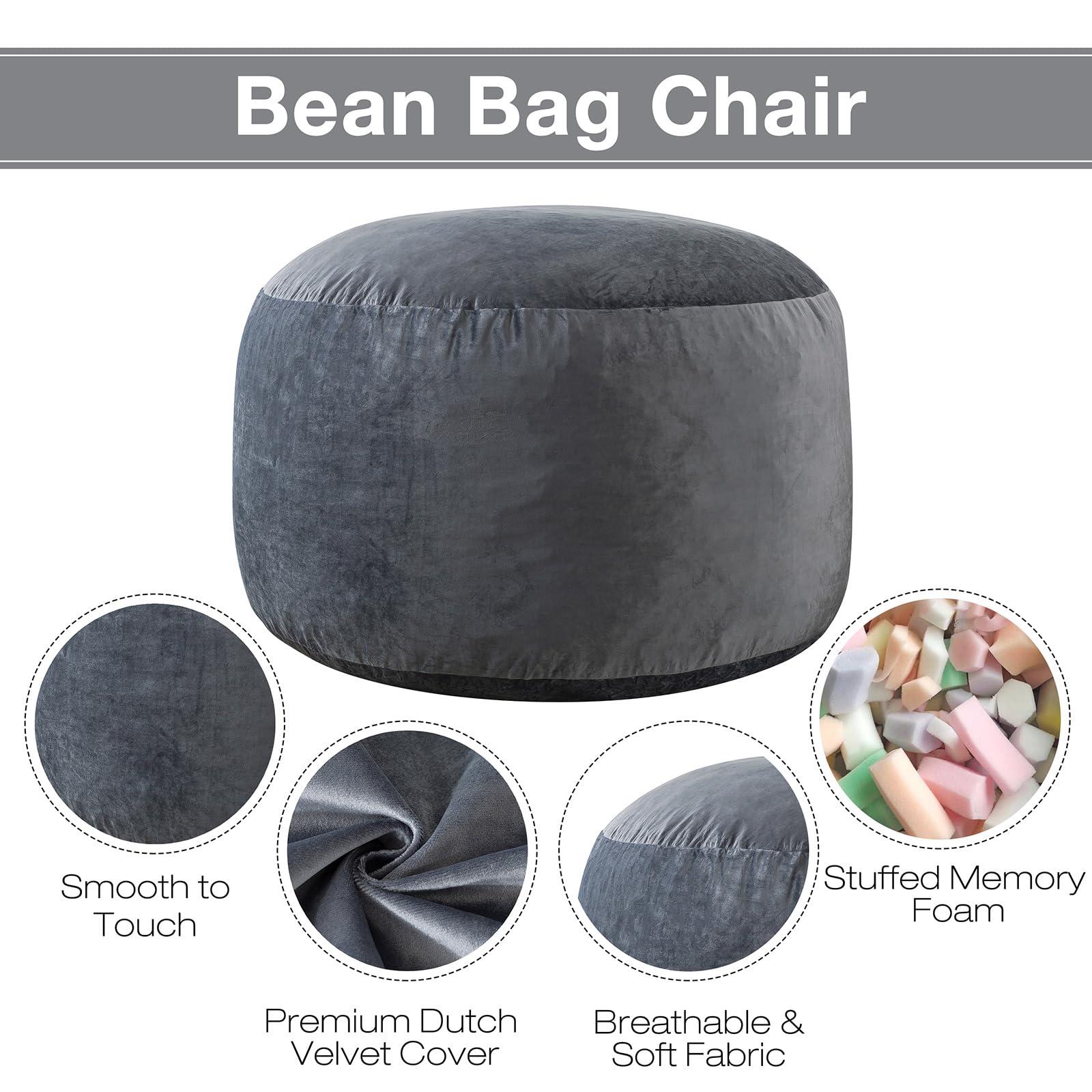 Large Bean Bag Chair for Adults/Kids with Filling, 3 ft Memory Foam Bean Bag Chairs with Filler Included, Ultra Soft Dutch Velvet Fabric, Bean Bag for Living Room - 3 Foot,Dark Gray - Image 4