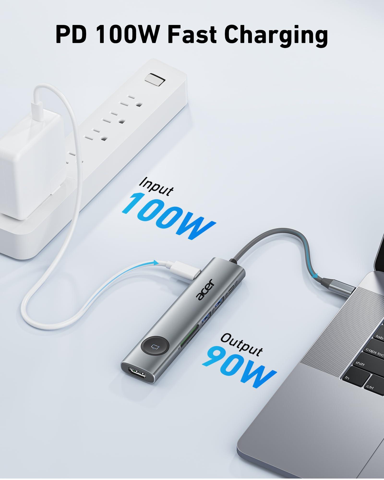 Acer USB C to HDMI Multiport Adapter, 7 in 1 USB-C Hub with HDMI 4K@60Hz, 100W PD, 2 USB-A 3.1 and 1 USB C 3.1 with 5Gbps, SD Card Reader, Type C Dongle for MacBook Pro/air, iPad, iPhone 16/15, Grey - Image 4