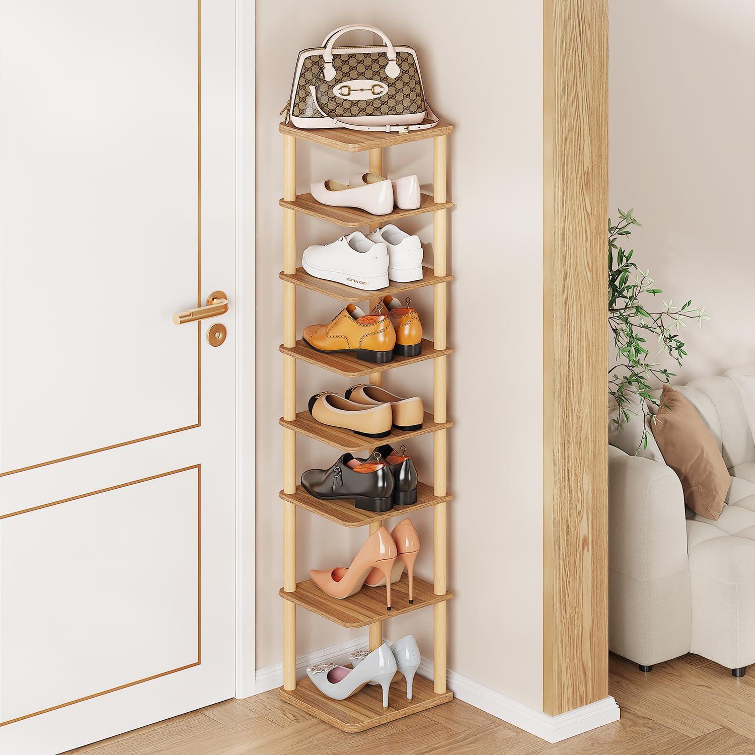 LUCKNOCK Vertical Shoe Rack, 8-Tier Tall Narrow Shoe Organizer for Entryway, Closet, Dorm & Small Spaces, Freestanding Wooden Shoe Shelf Tower for Boots, Sneakers, Heels. (Walnut)