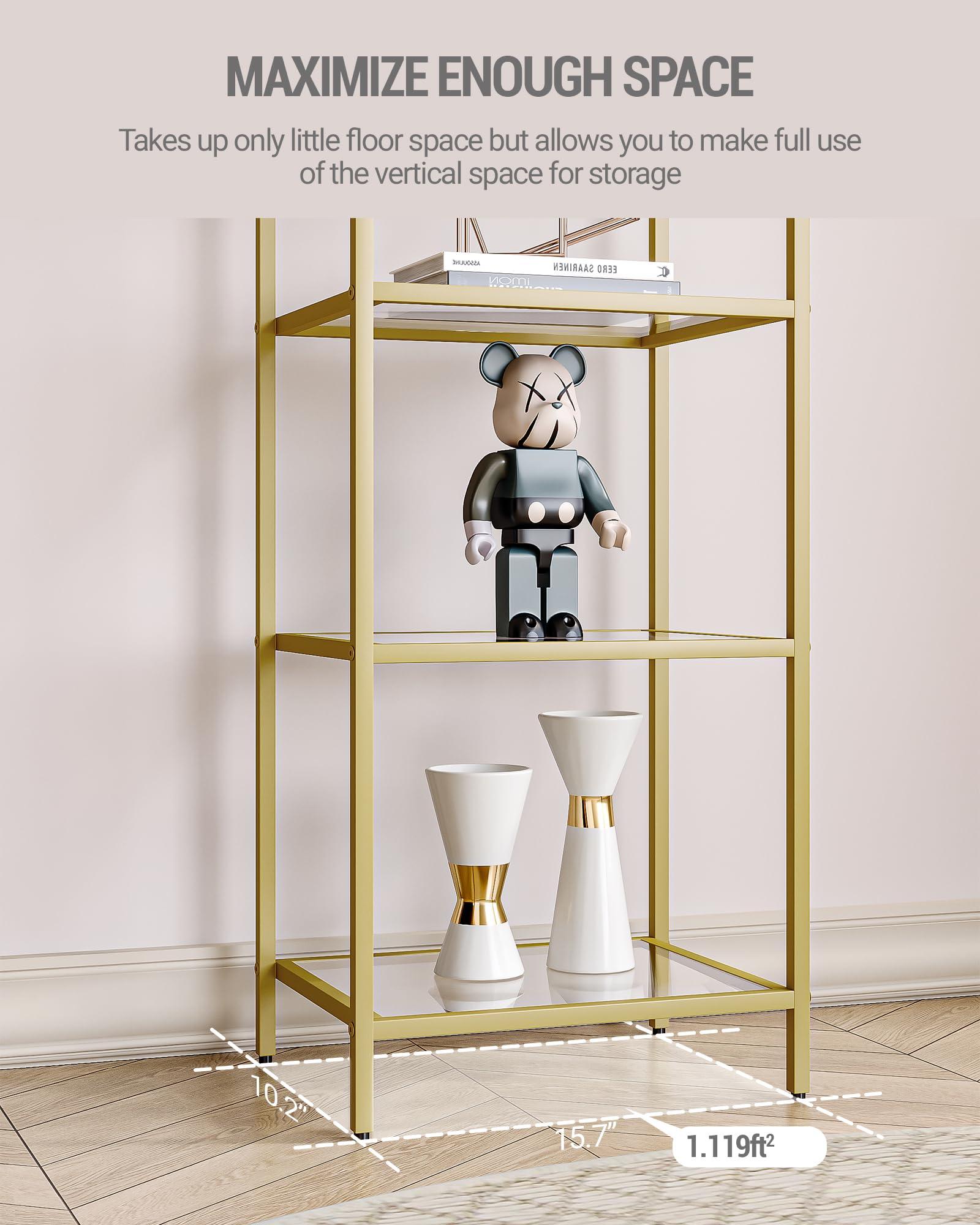 Hzuaneri Bookcase Bookshelf, Tempered Glass Bookshelves, Slim Shelving Unit for Bedroom, Bathroom, Home Office, Steel Frame, 6 Tier Gold BC10601G - Image 6
