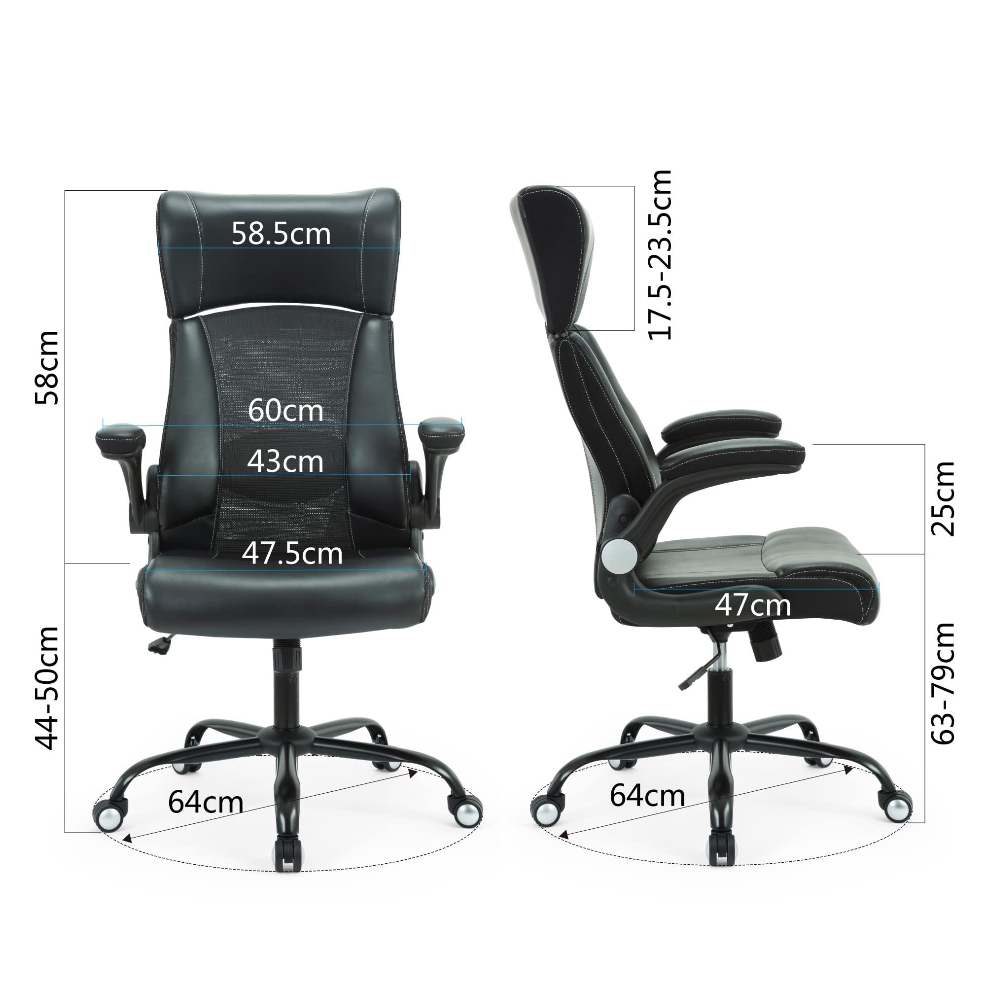 Ergonomic Office Chair, Home Desk Mesh Chair, High Back Leather Computer Chairs, Executive Chairs with Flip-Up Arm & Lumbar Support, Height Adjustable Rolling Swivel Chair (Black) - Image 2