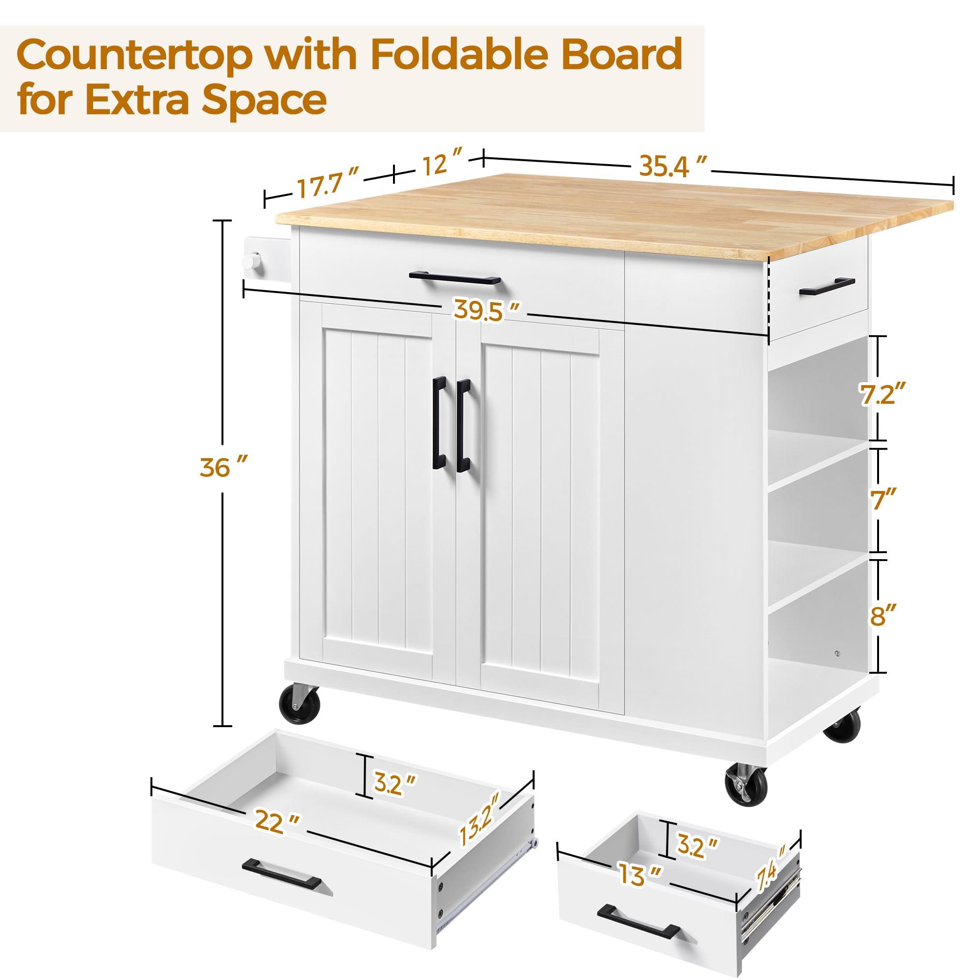 Yaheetech Rolling Kitchen Island Cart with Drop Leaf, Portable Rubberwood Breakfast Bar with Storage Cabinet, Open Shelves & Detachable Towel, 2 Drawers, White - Image 2