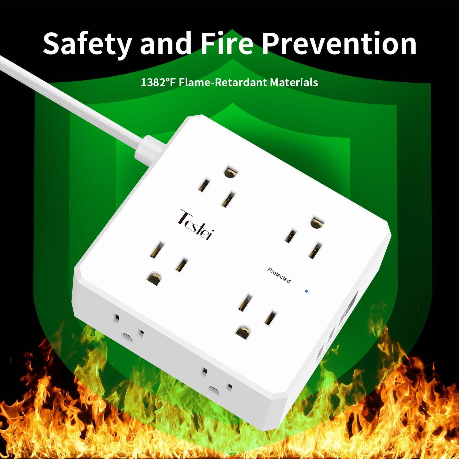 6 Ft Flat Extension Cord, Tcstei Ultra-Thin Flat Plug Surge Protector Power Strip, 3-Sided Outlet Extender, 8 AC Outlets and 4 USB Ports(1 USB C) for Home, Office, Dorm Room Essentials, ETL, White - Image 6