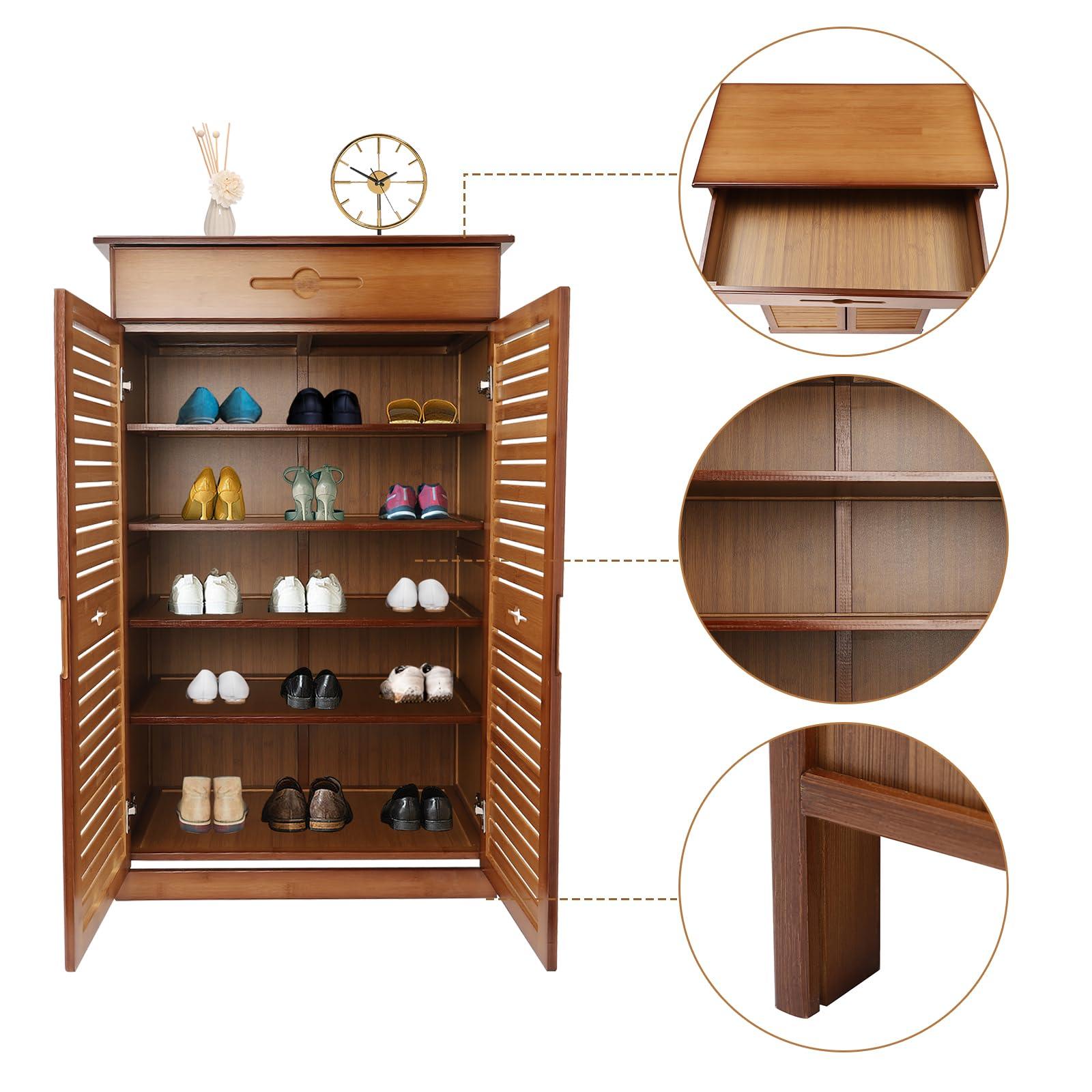 WUSILILU 5 Tier Shoe Cabinet with Drawer, Bamboo Shoe Cabinet Organizer with Door, Retro Entryway Shoe Storage Cabinet for Closet, Living Room, Bedroom, Hallway, Doorway - Image 5