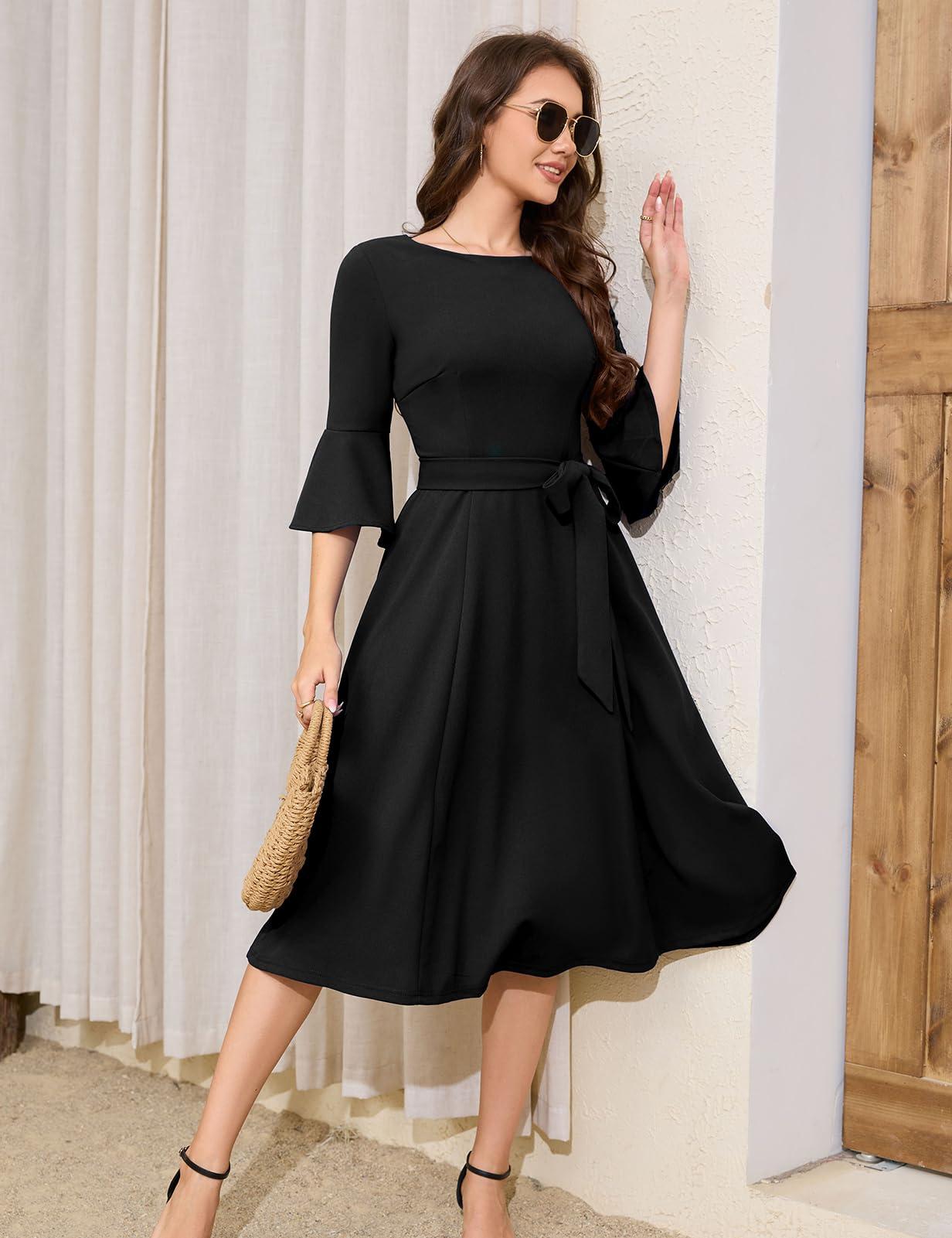 HomRain Women's Church Dresses for 2025 Wedding Guest Cocktail Tea Party Bell Sleeve Vintage Evening Graduation Dress - Image 3