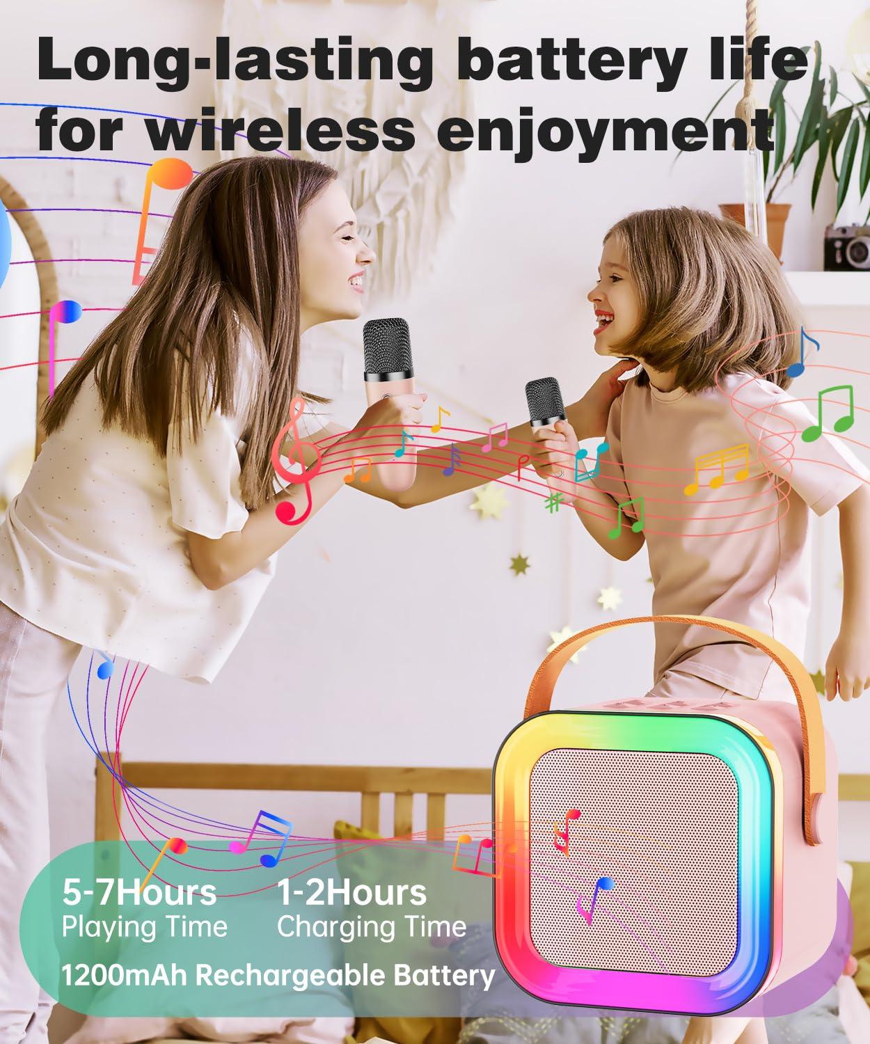 Mini Karaoke Machine Speaker for Kids Adults,Portable Bluetooth with 2 Wireless Microphones,Christmas Birthday Gifts Toys Girls Boys Ages 4, 5, 6,7, 8,9,10,11,12+ Years Old Toddler (Pink - 2 Mic) - Image 5