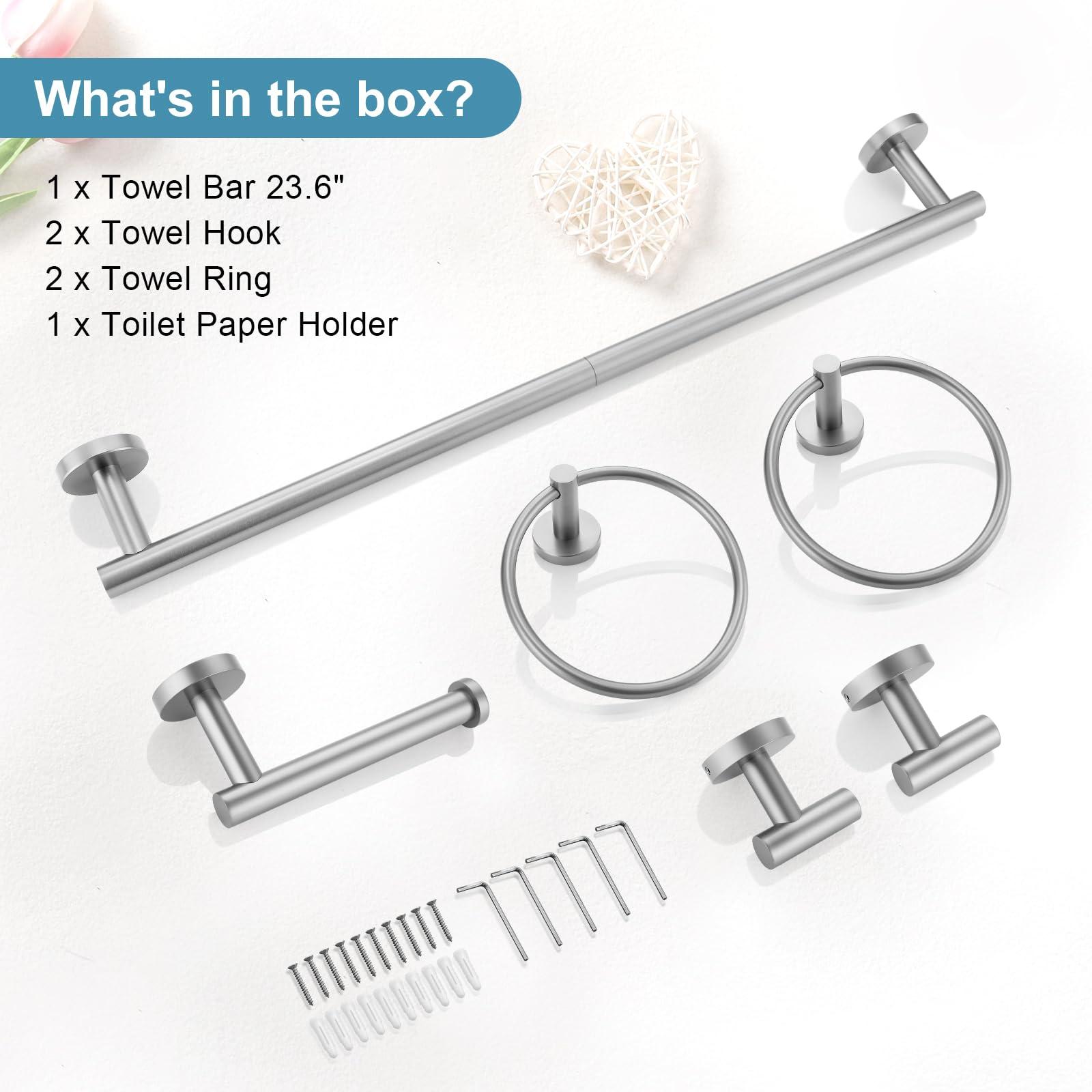 TQKAG Brushed Nickel Bathroom Hardware Set 6-Piece Bathroom Accessory Set 23.6 Inch Round Stainless Steel Towel Bar Set Wall Mounted - Image 8
