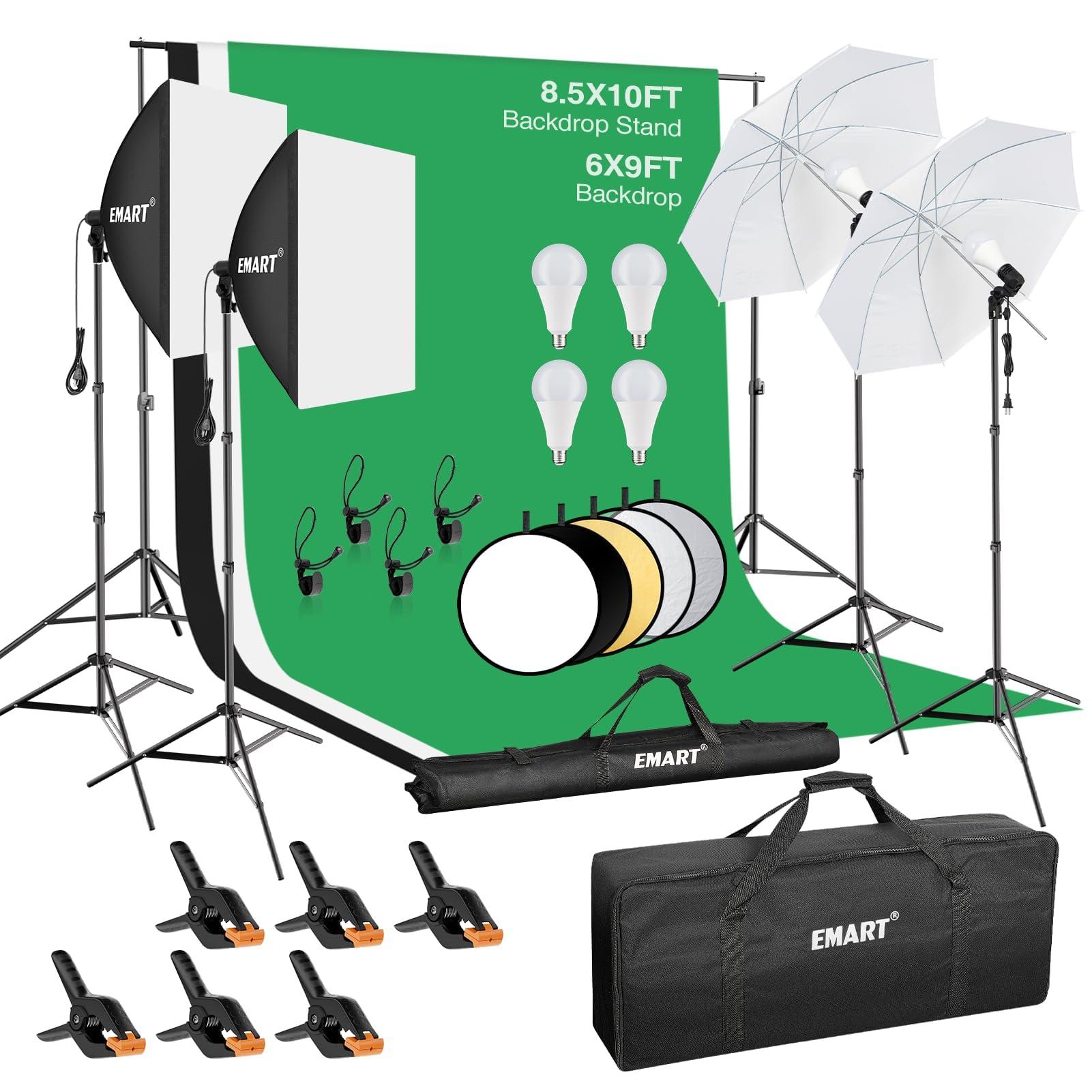 EMART 8.5 x 10 ft Backdrop Support System, Professional Photography Lighting Kit with 50W LED Blub, Reflector, 6 * 9ft Backdrop *3, Umbrellas&Softbox Lighting Kit for Studio, Portrait, Video Shooting - Image 1