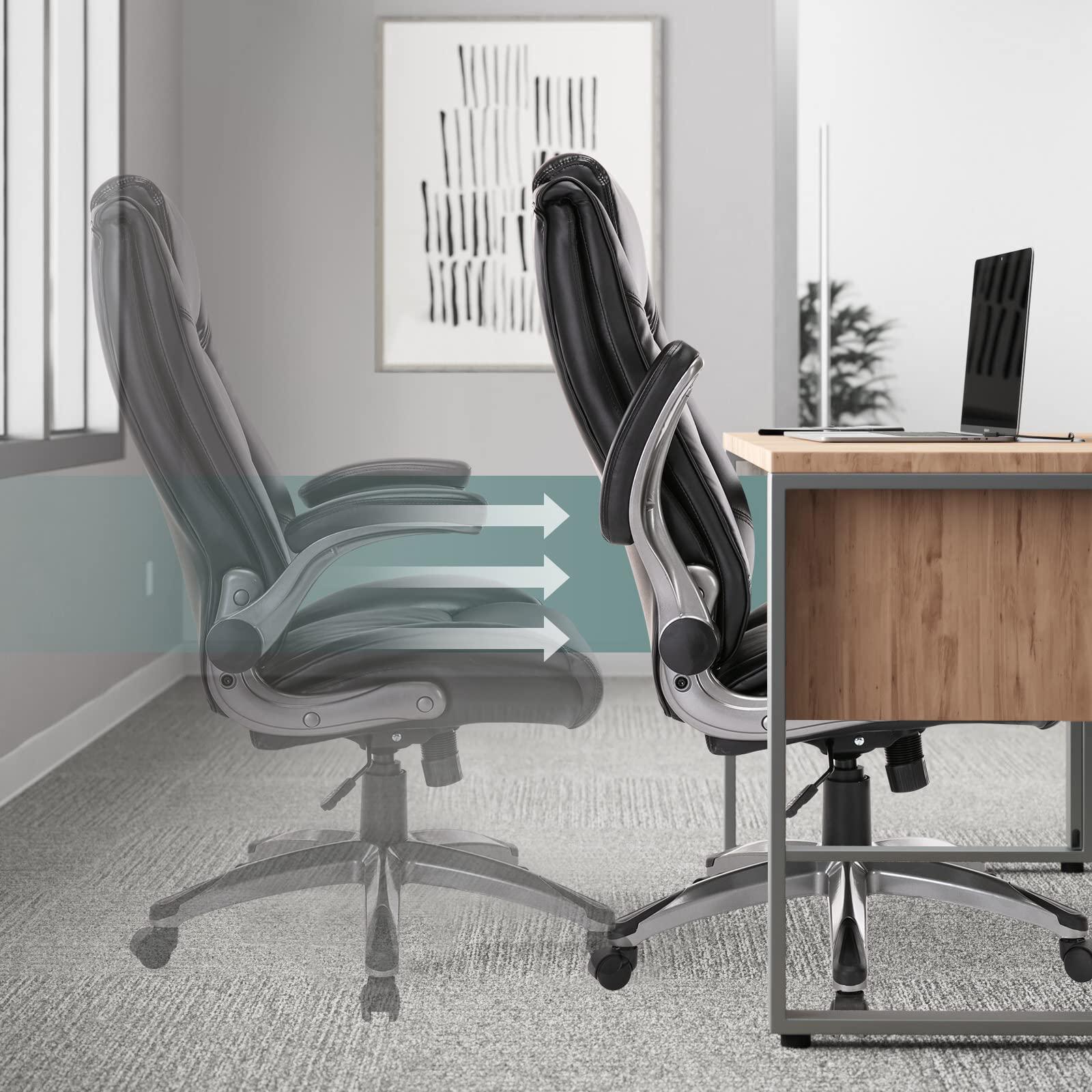 COLAMY Leather Executive Office Chair - High Back Home Computer Desk Chair with Padded Flip-up Arms, Adjustable Tilt Lock, Swivel Rolling Ergonomic Chair for Adult Working Study, Black - Image 2