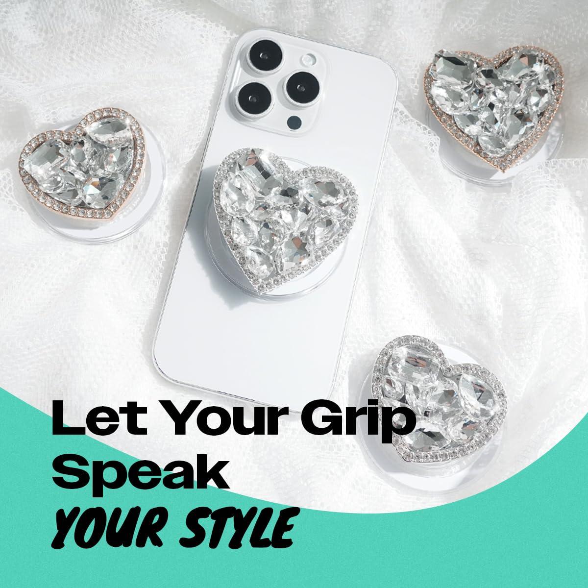 OnTheGrip Compatible with Magsafe Cute Cubic Diamond Heart Shape Design Collapsible Mobile Phone Grip Stand Holder for Smartphone Tablet Cell Phone Accessory (Silver Big) - Image 3