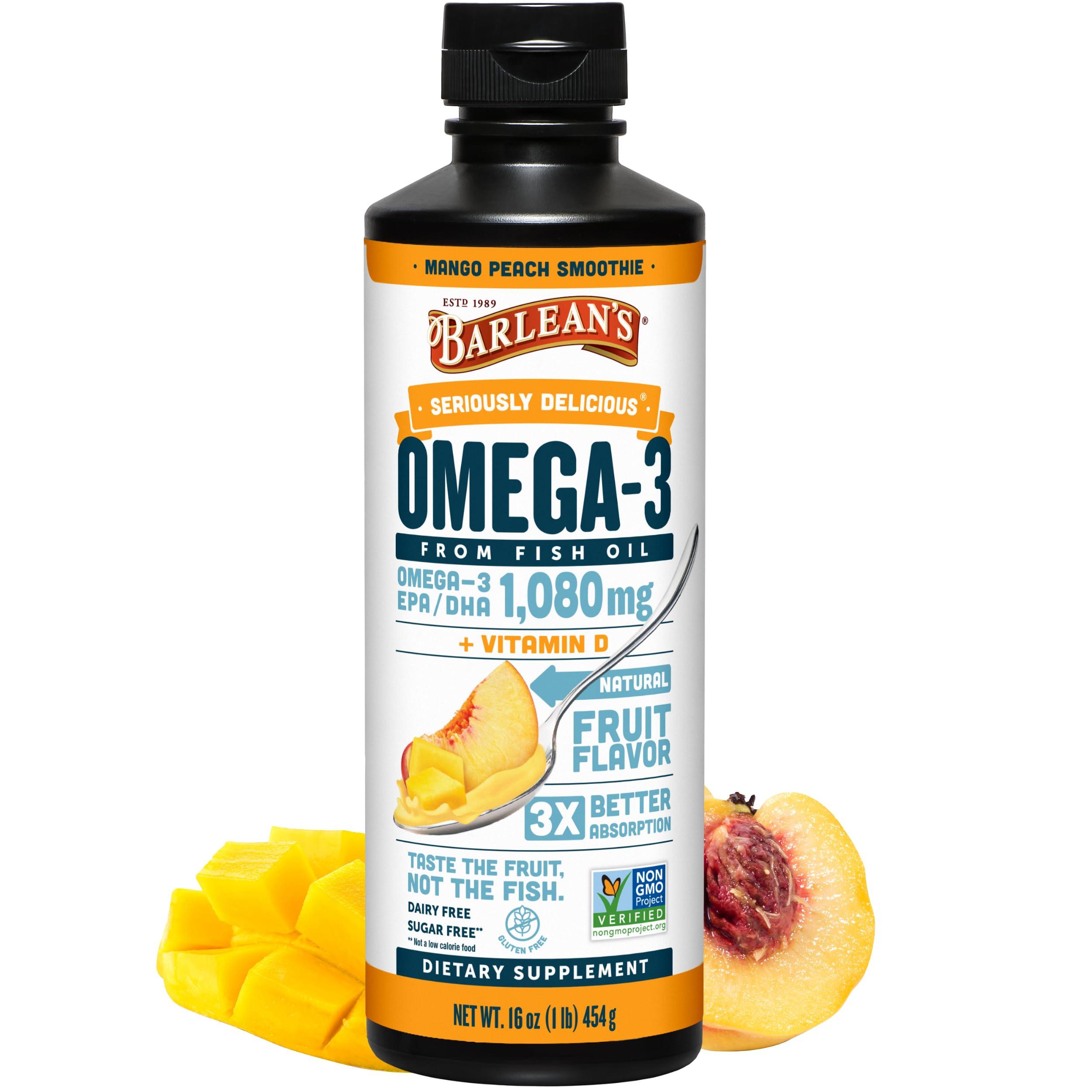 Barlean's Mango Peach Omega 3 Fish Oil Liquid Supplement with Vitamin D, 1080mg EPA & DHA Fatty Acid, Smoothie Flavored & Burpless for Brain, Joint, & Heart Health, 16 oz
