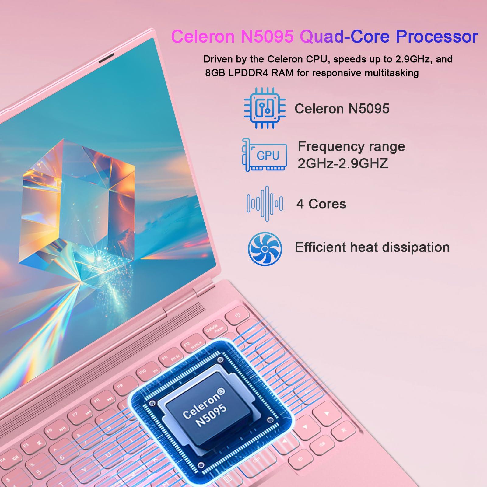 NOTODD Laptop 14" 8GB+256GB SSD Celeron N5095 Up to 2.9 GHz Win 11 Laptop Support 512GB TF 1TB SSD Expand Notebook Support 5G WiFi丨BT 4.2丨Cooling Fan丨1920*1200丨Mouse and Keyboard Protector-Pink - Image 3