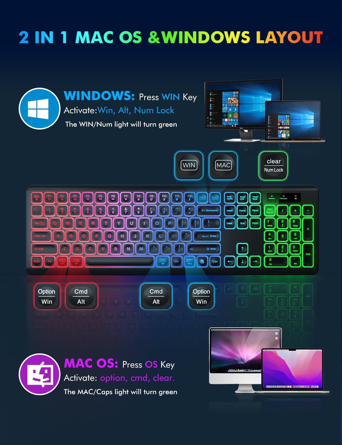 Wireless Keyboard and Mouse Combo - RGB Backlit, Rechargeable & Light Up Letters, Full-Size, Ergonomic Tilt Angle, Sleep Mode, 2.4GHz Quiet Keyboard Mouse for Mac, Windows, Laptop, PC - Image 8