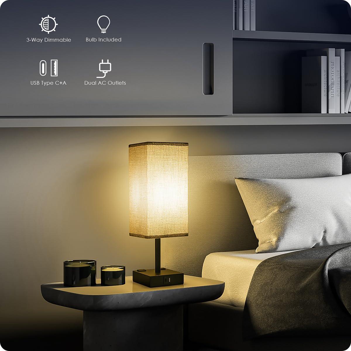 Bedside Table Lamp for Bedroom - Touch Small Lamp with USB C+A Charging Ports & AC Outlets, 3 Way Dimmable Nightstand Light for Living Room (LED Bulb Included, Grey) - Image 2