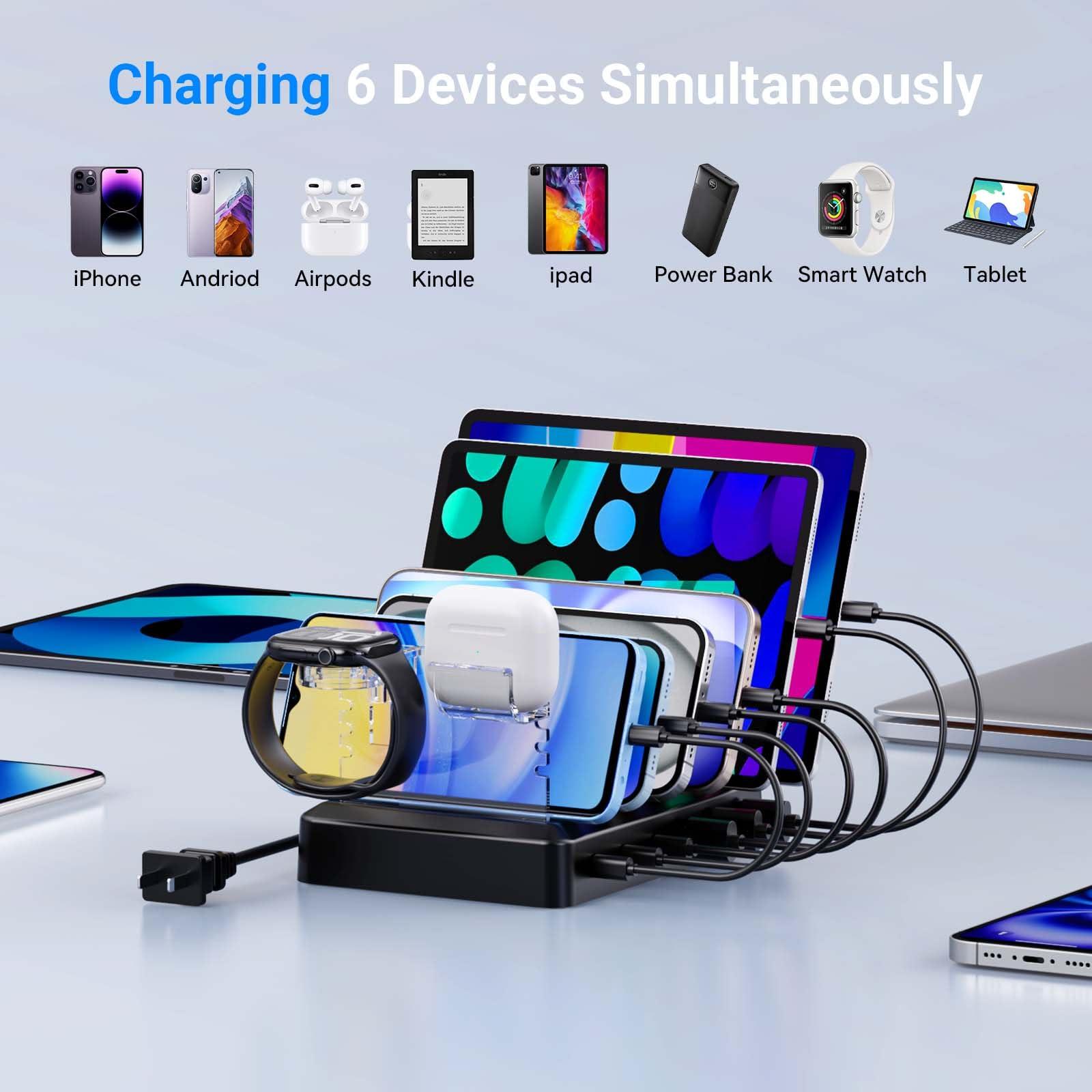 Catlyn Charging Station for Multiple Devices, 6 Port 90W Fast Charger Stations with 8 Mixed Charger Cables Organizer Dock,Compatible for Cell Phone,Tablet, Kindle, iPhone iPad for Family Home Office - Image 3