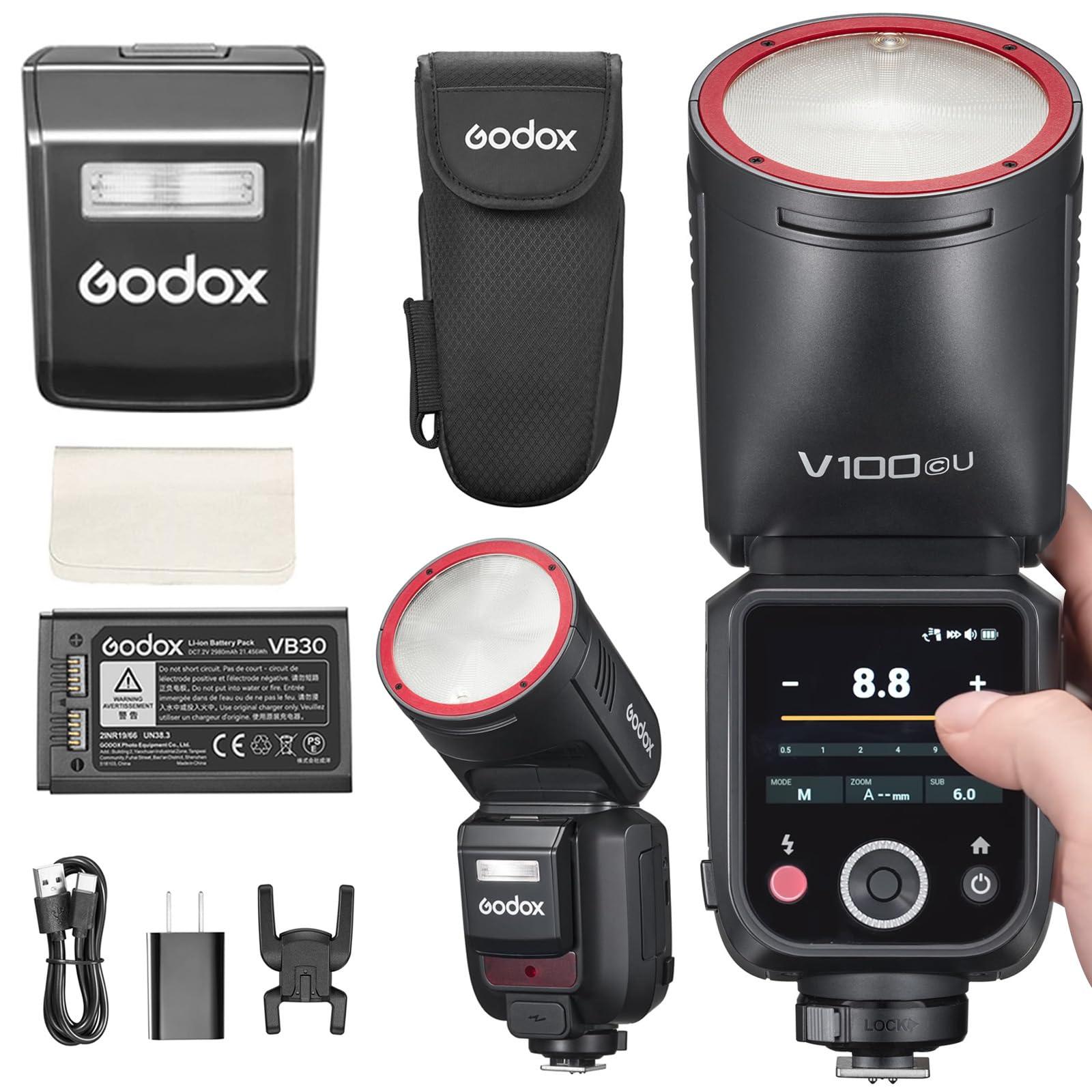 Godox V100-C USA Version Flash for Canon, V100-CU Touchscreen Speedlite with 100Ws Maximum Output, Detachable Sub Flash, USB-C Charge Battery, 2.4G Wireless 1/8000s HSS TTL Camera Flash Speedlight