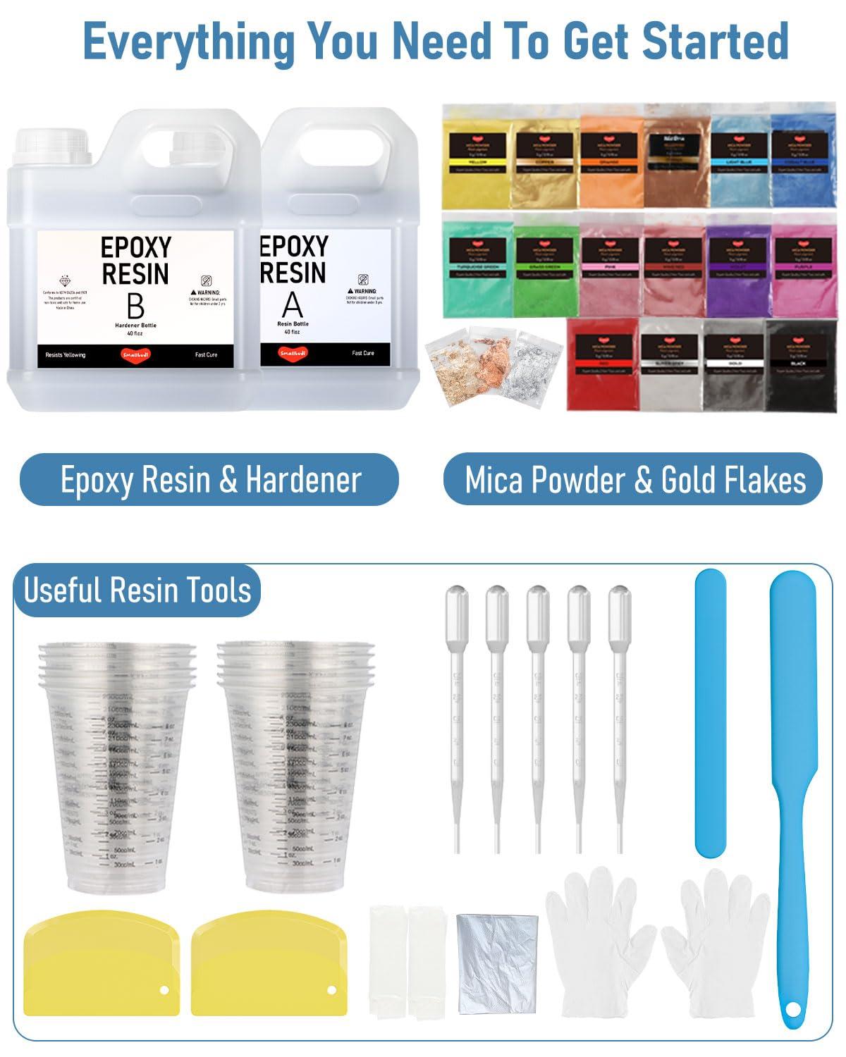 Smallbudi 80 Oz Epoxy Resin Kit with 16 Colors Mica Powder, Gold Foil, Cups & Stick, Crystal Clear Resin Beginner Supplies for Coating Casting Table, Molds, Jewelry Making, DIY Art Craft, 1:1 Ratio - Image 7