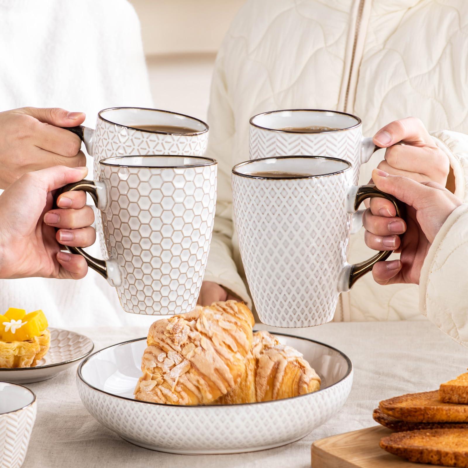 Anmula Coffee Mug Set of 4, 16 Oz Ceramic Embossment Coffee Mugs for Latte, Tea, Cappuccino, Cocoa, Mocha, Microwave & Dishwasher Safe, White - Image 6
