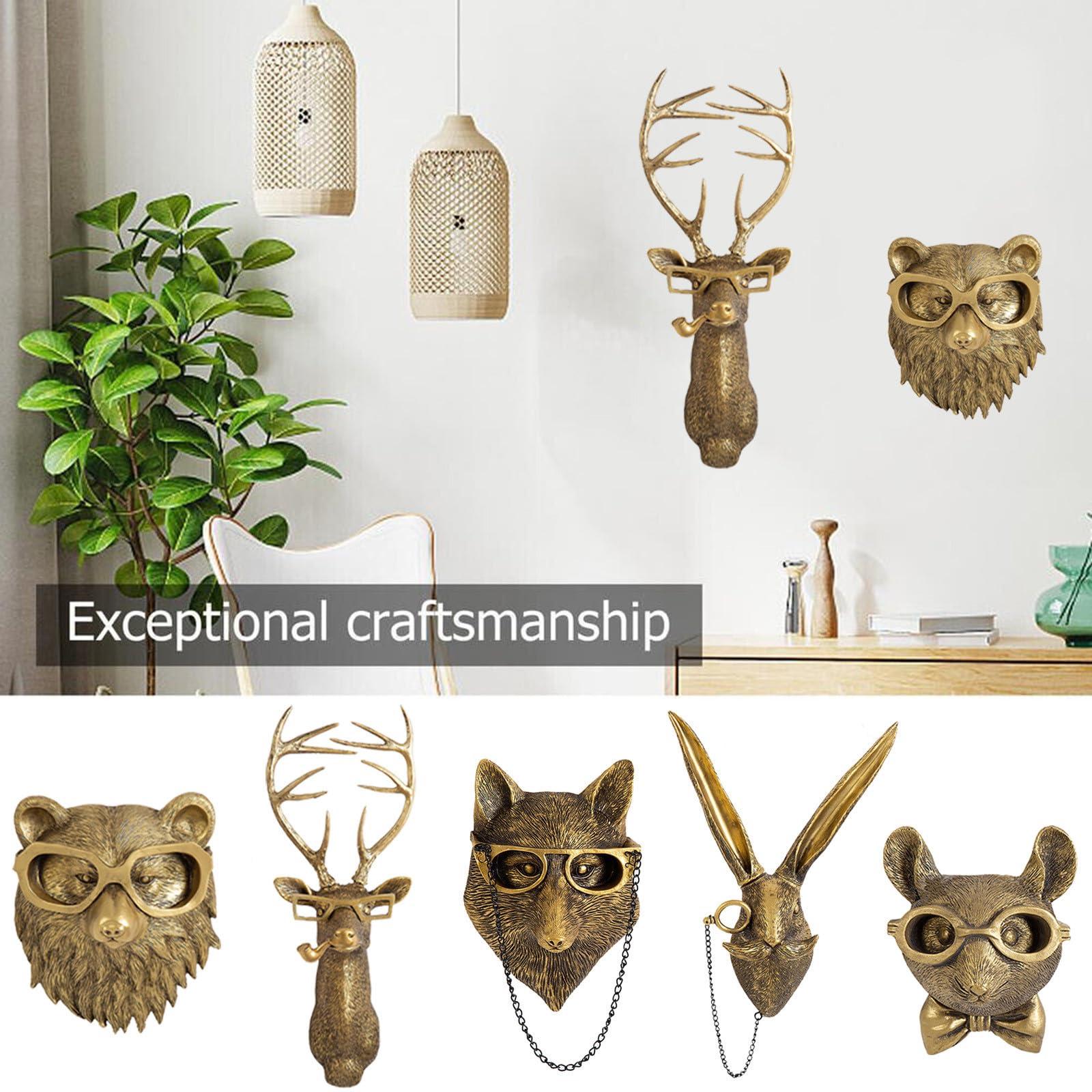 GUASDIE Animal Heads Wall Decor, Faux Deer Head Mount, Animal Sculptures Wall Decor, Resin Animal Head Wall Hanging Decoration for Living Room Bedroom Kitchen Gift,5pcs, 1587574779-65291236 - Image 8
