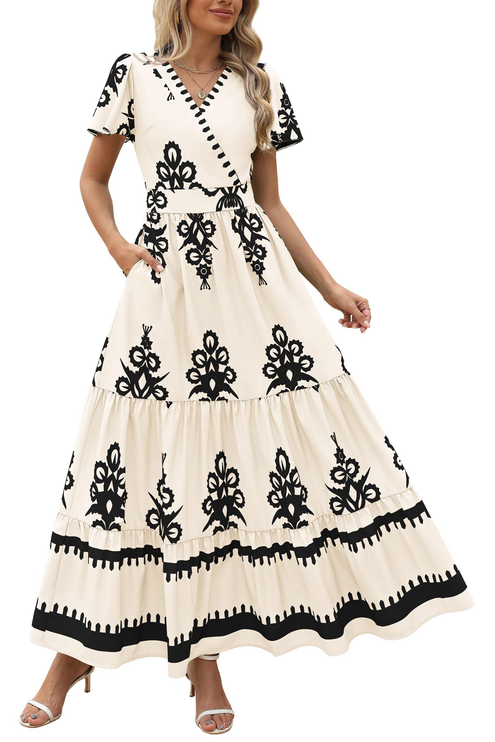 PRETTYGARDEN Womens 2025 Summer Casual V Neck Boho Maxi Dress Flowy Aline Bell Sleeve Tiered Floral Dresses with Pocket