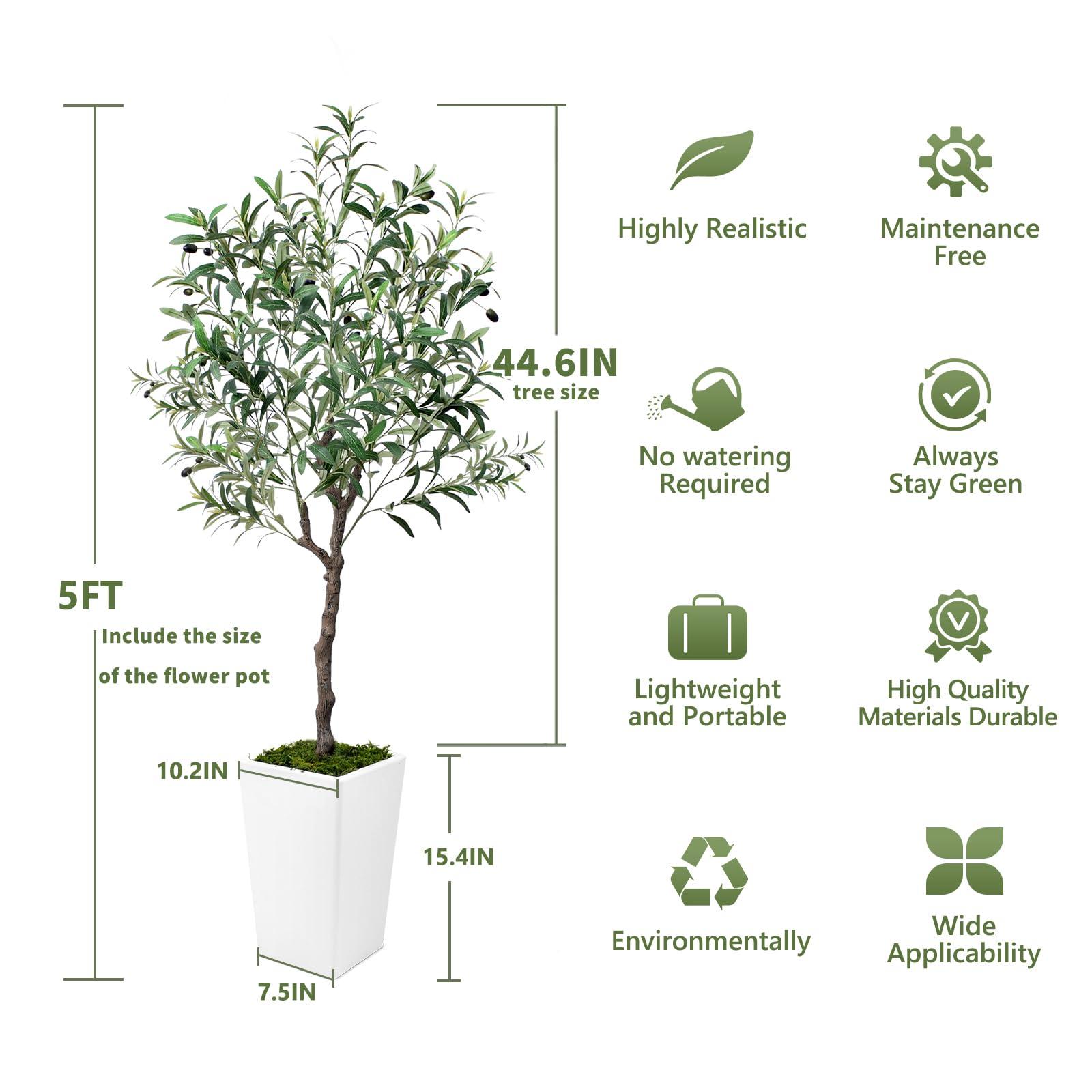 Olive Trees Artificial Indoor 5ft, Tall Faux Silk Plant with Pot, Realistic Leaves and Natural Wood Trunk Fake Trees with Lifelike Fruits for Home Office Decor Bedroom Livingroom Entryway Housewarming - Image 2