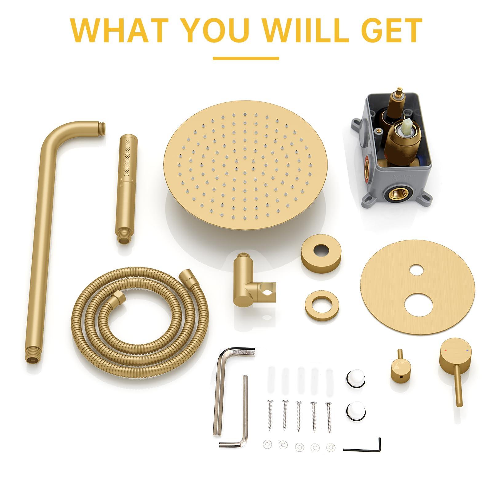 BESy Shower System with 10 Inch Round Rain Shower Head and Handheld Wall Mounted, High Pressure Rainfall Shower Faucet Fixture Combo Set with 2 in 1 Handheld Showerhead for Bathroom, Brushed Gold - Image 9