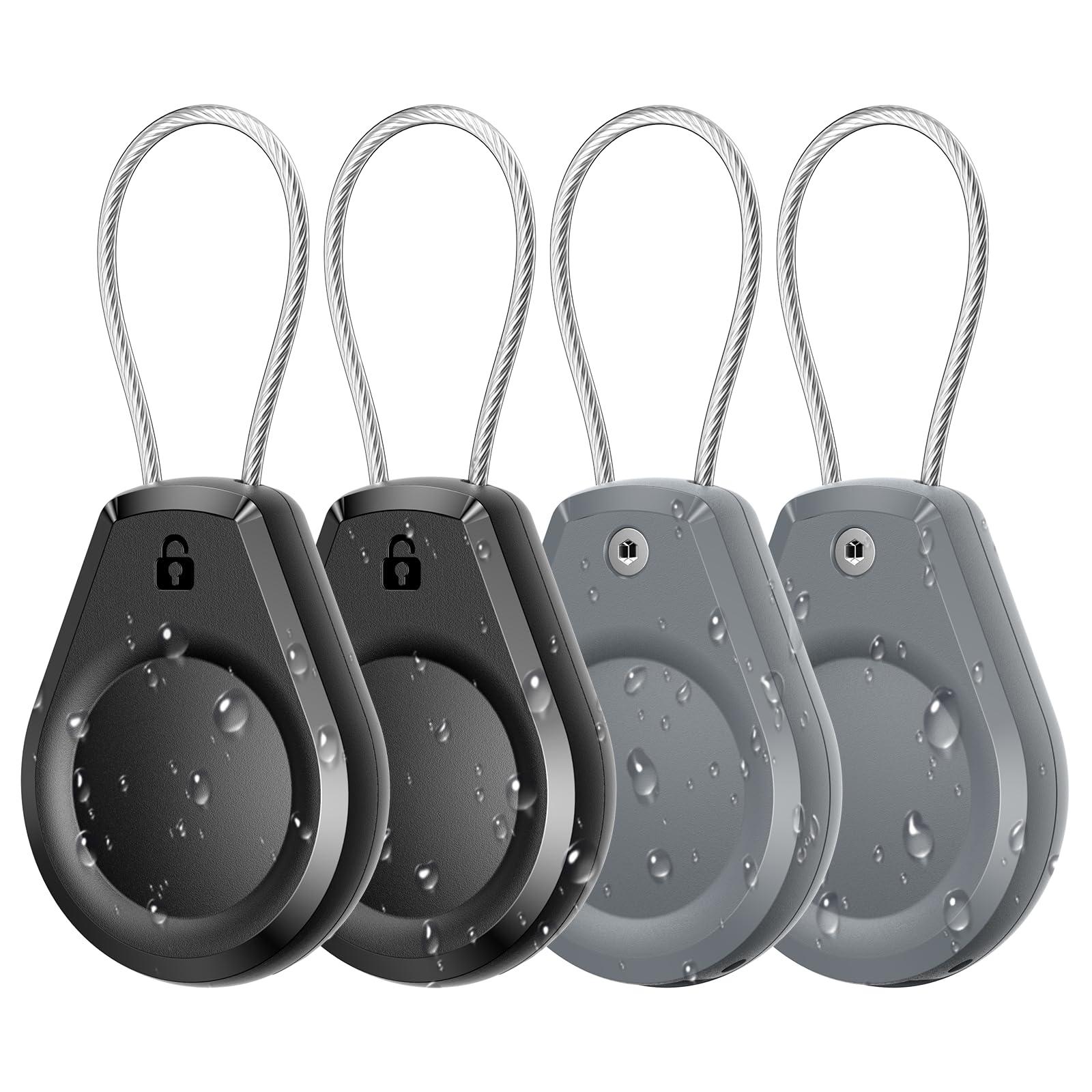 Waterproof AirTag Keychain Holder - (4 Pack) Air tag Lock Case with Wire Cable Compatible with Apple AirTags, Ultra Durable Anti-Lost Protective Case with Keyring for Luggage, Backpack, Black/Grey